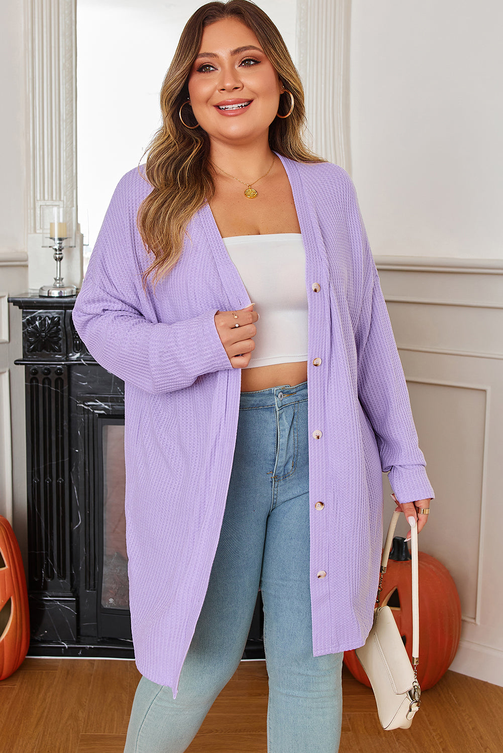 Plus Size Waffle Knit Button Front Cardigan eAura