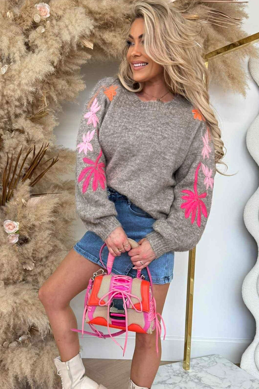 Embroidered Floral Sleeve Round Neck Loose Sweater eAura