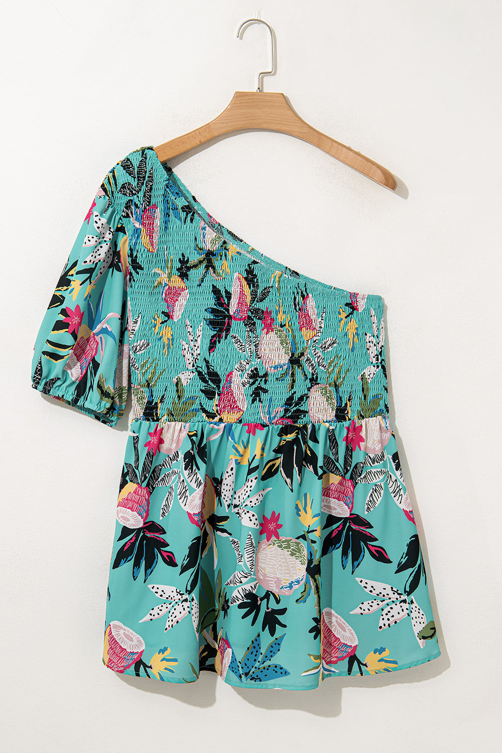 Green Plus Size Floral Smocked Bodice Single Puff Short Sleeve Babydoll Blouse BB Fashion Outlet