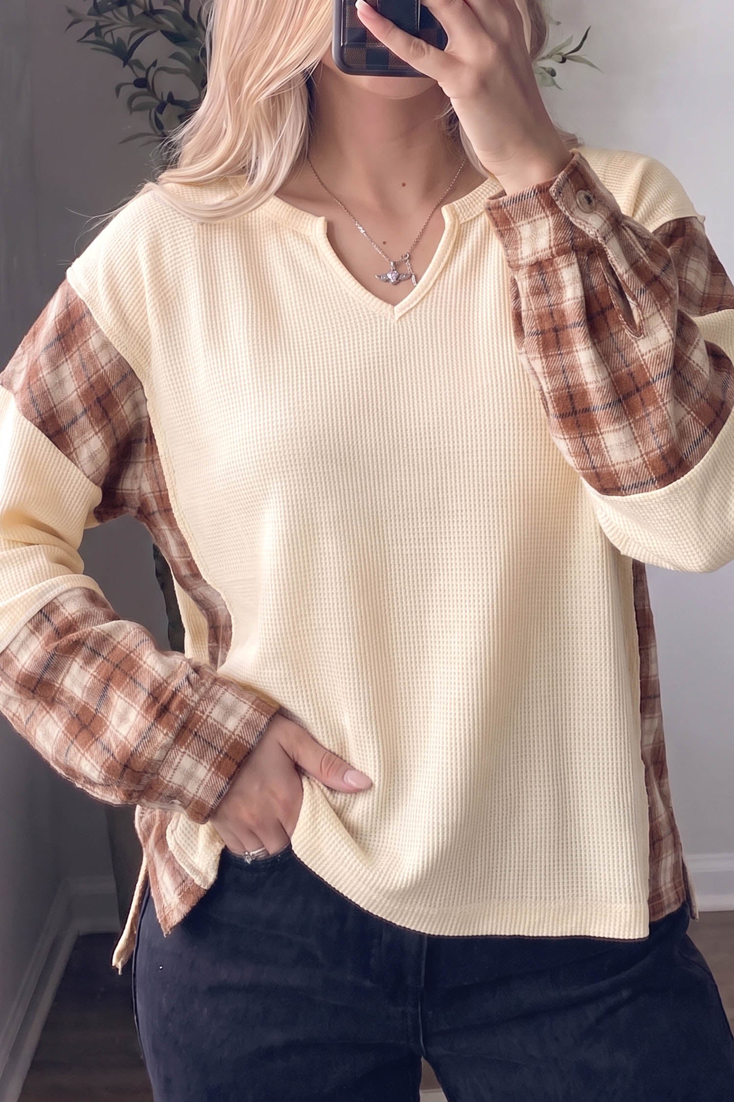 Waffle Textured V Neck Plaid Colorblock Drop Shoulder Long Sleeve Top – Beige