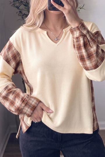 Waffle Textured V Neck Plaid Colorblock Drop Shoulder Long Sleeve Top – Beige