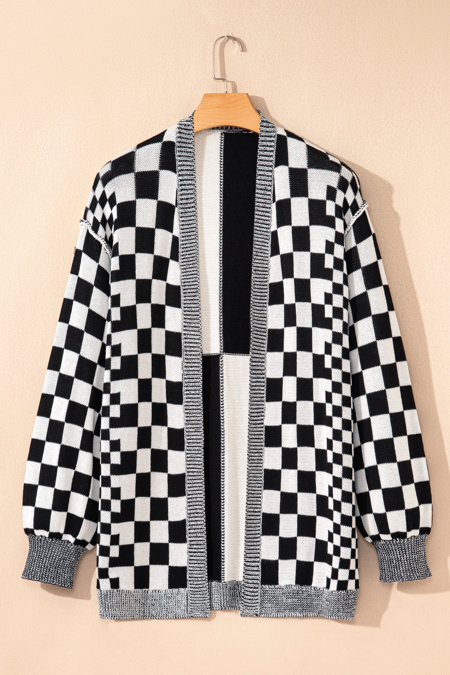 Checkered Bubble Sleeve Drop Shoulder Open Cardigan - eAura