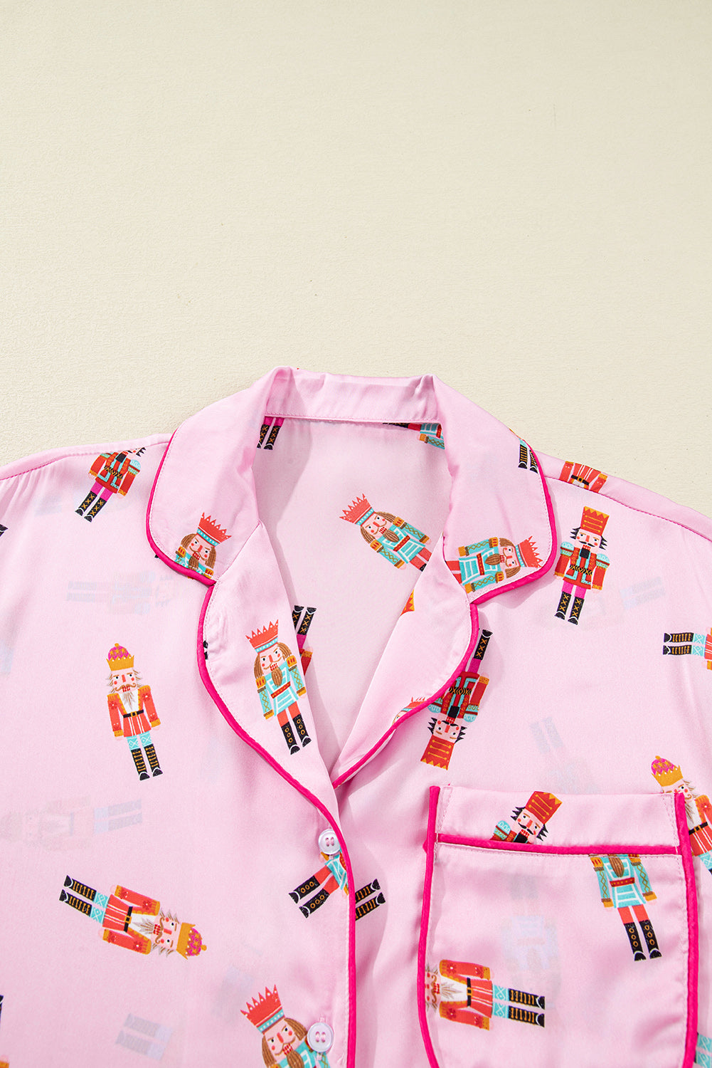 Nutcracker Print Contrast Trim Tied up Bow Silky 2pcs Pajama Set - eAura