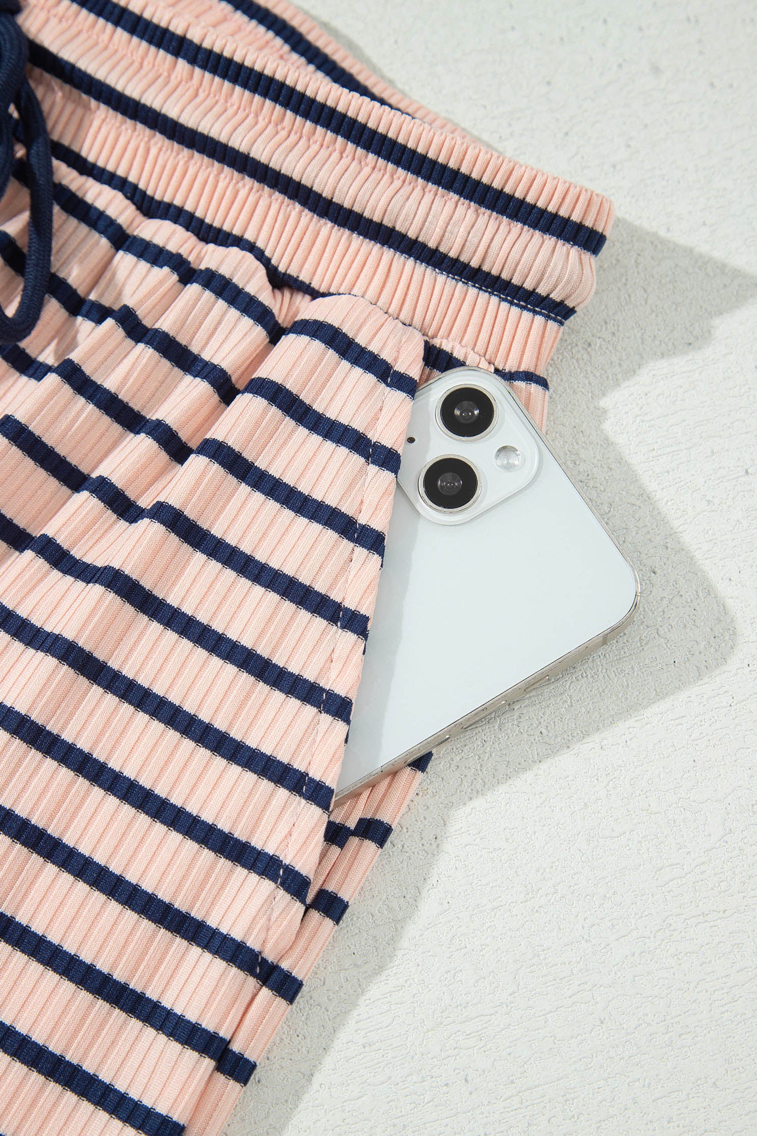 Color Block Long Sleeve Pullover Ribbed Knit Casual Shorts Set – Blue Stripe