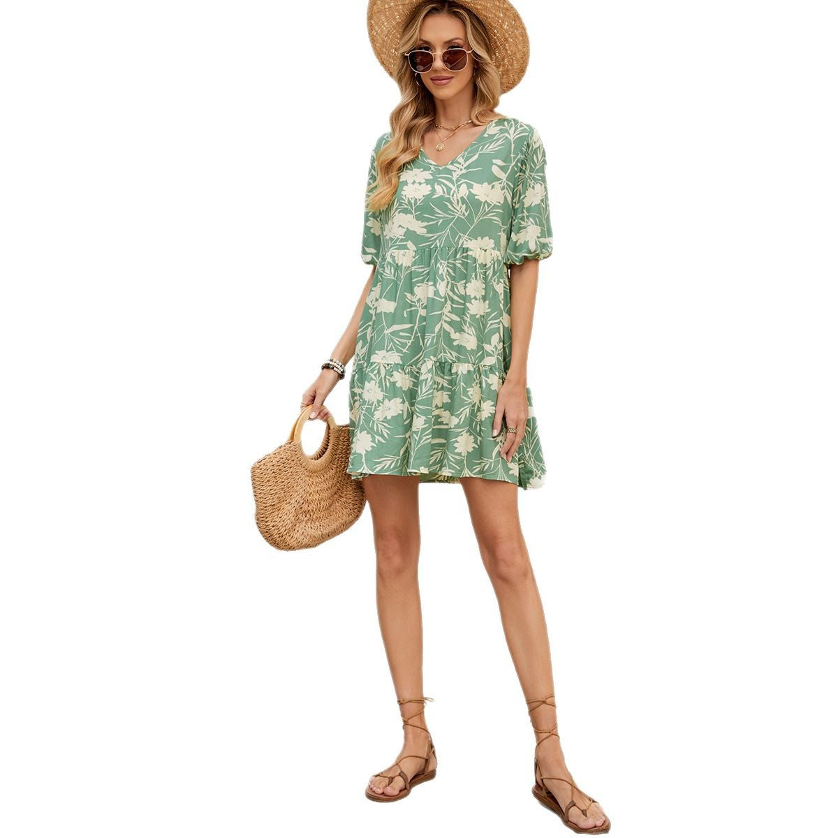 Floral Print Short V-Neck Dress eprolo