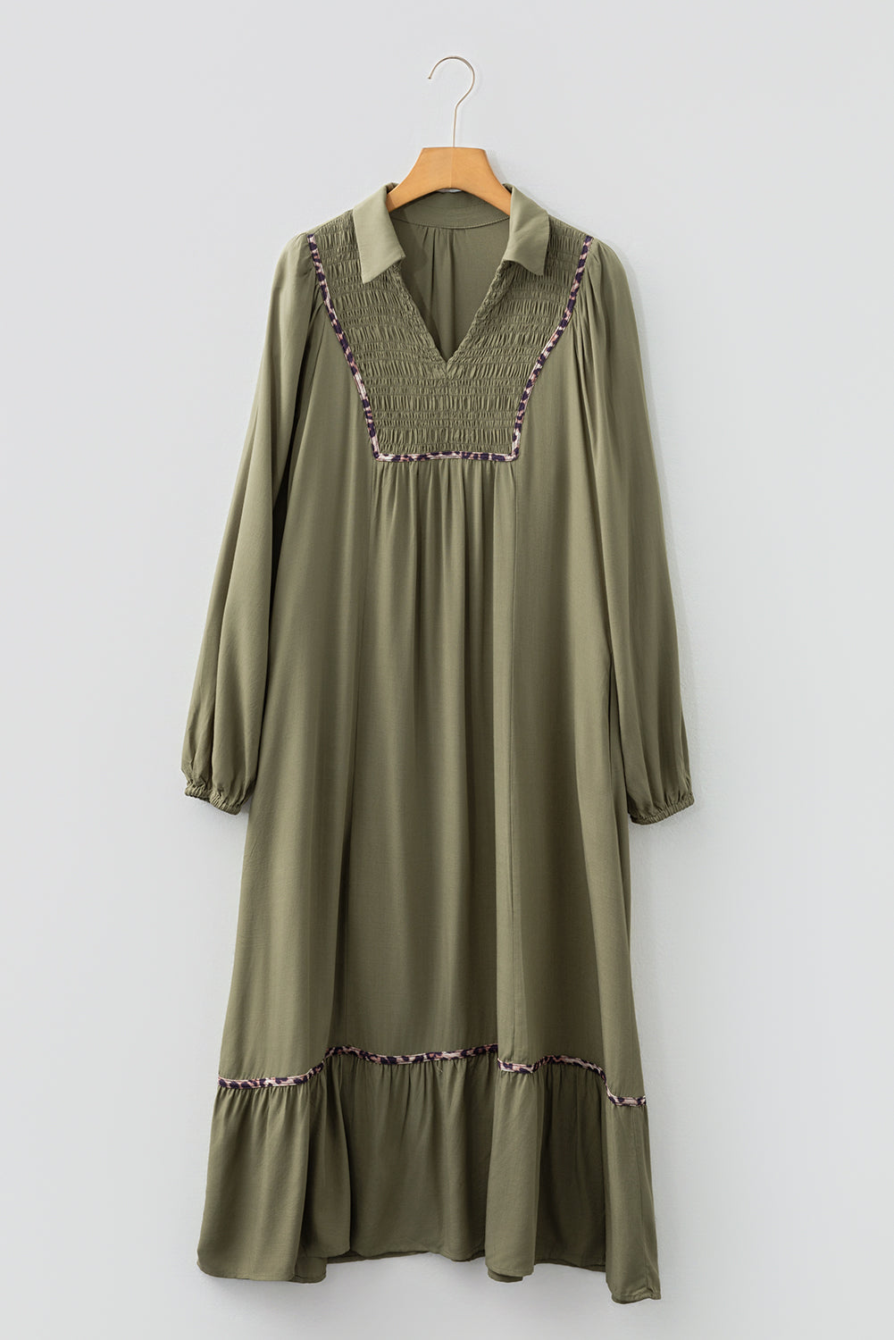 Collared V-Neck Smocked Detail Contrast Leopard Trim Bracelet Sleeve Long Dress - eAura