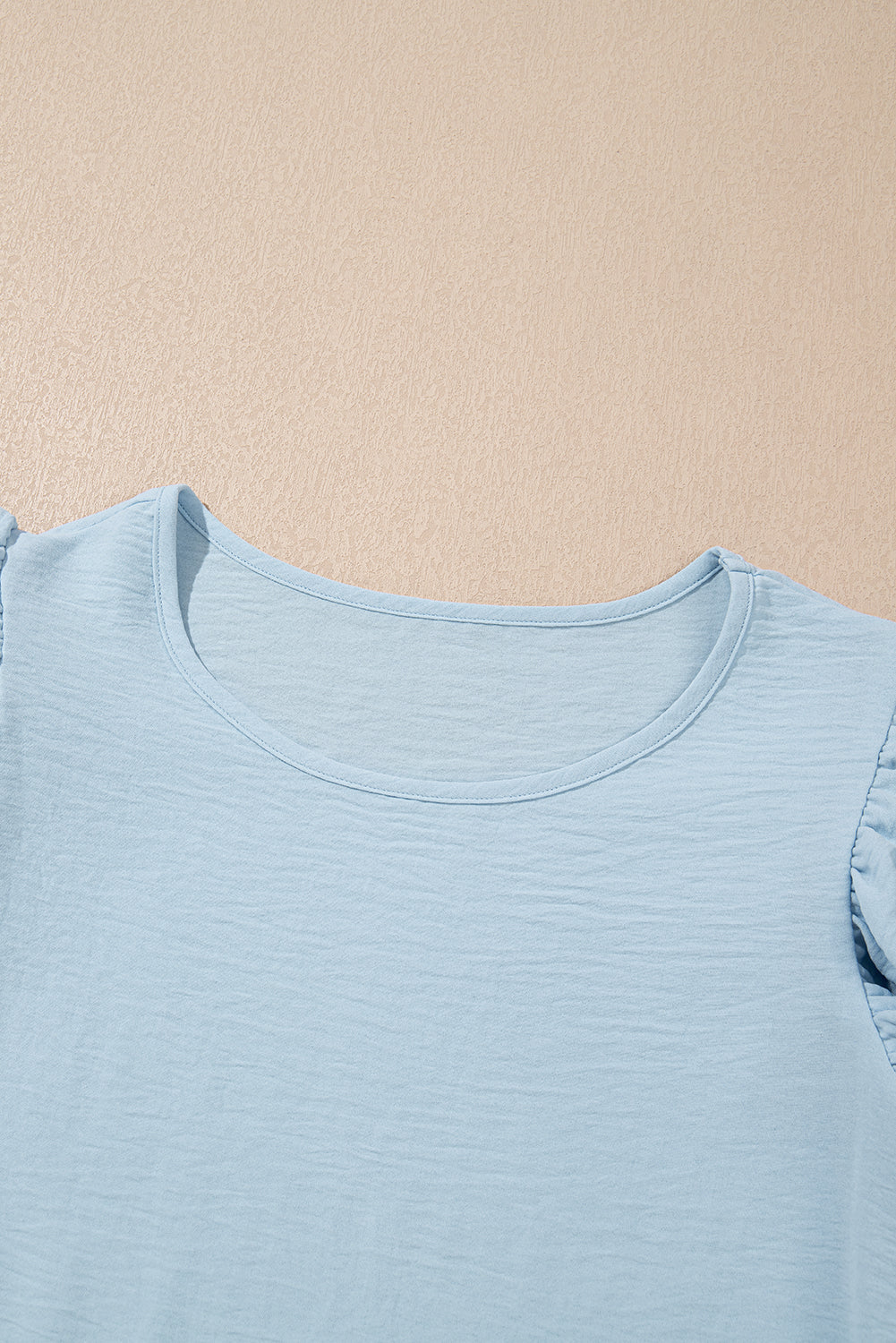 Mist Blue Solid Colour Ruffled Short Sleeve Casual Blouse eAura