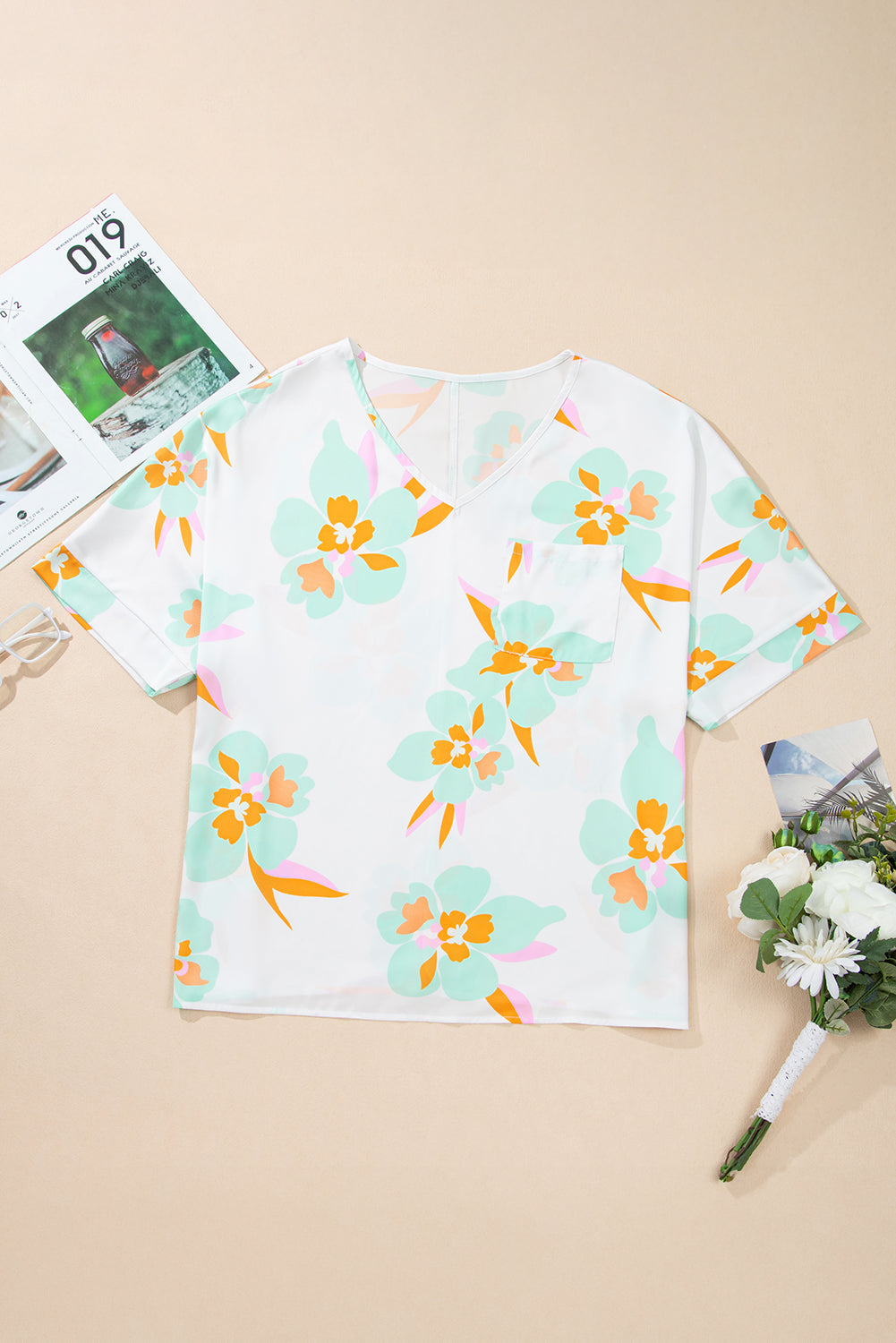 Green Floral Print Loose Fit V Neck Half Sleeve Blouse eAura