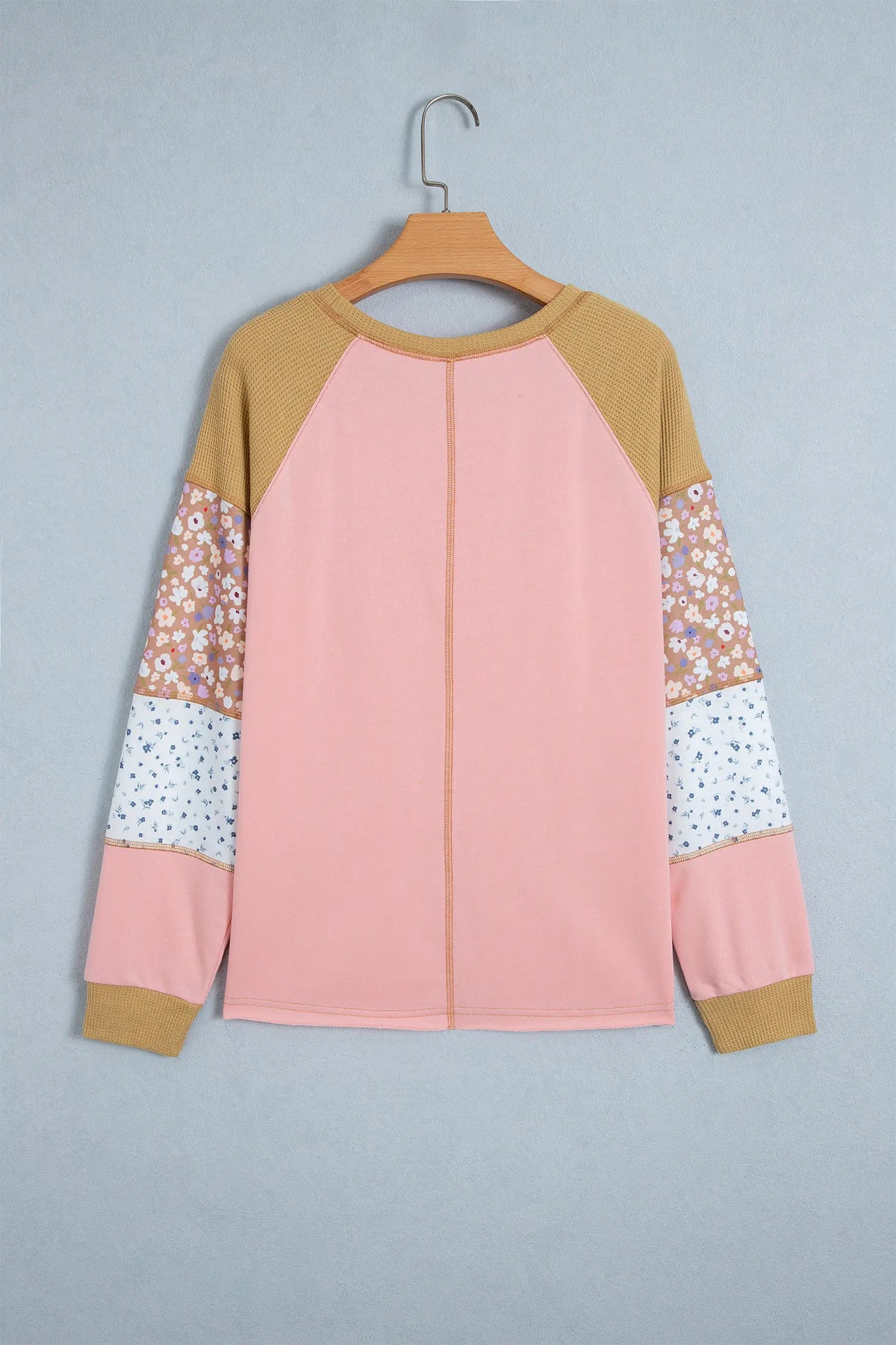 Colour Block Floral Waffle Mixed Patchwork Long Sleeve Top – Apricot Pink