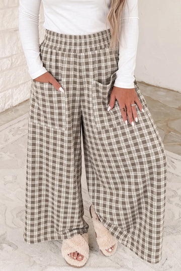 Khaki Plaid Elastic Waist Patch Pocket Wide Leg Pants