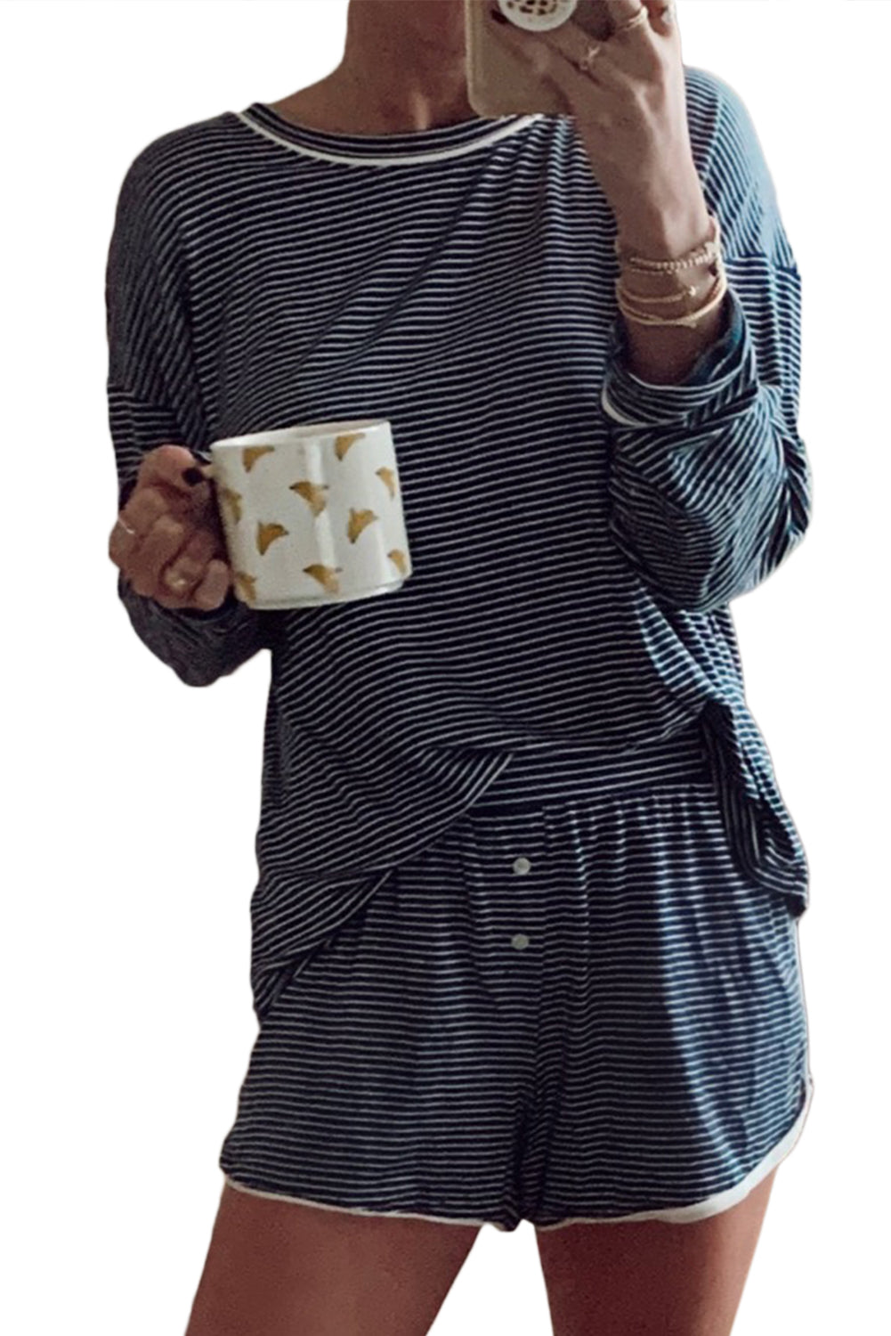 Stripe Drop Shoulder Long Sleeve Tee and Buttoned Shorts Pyjama Set - eAura