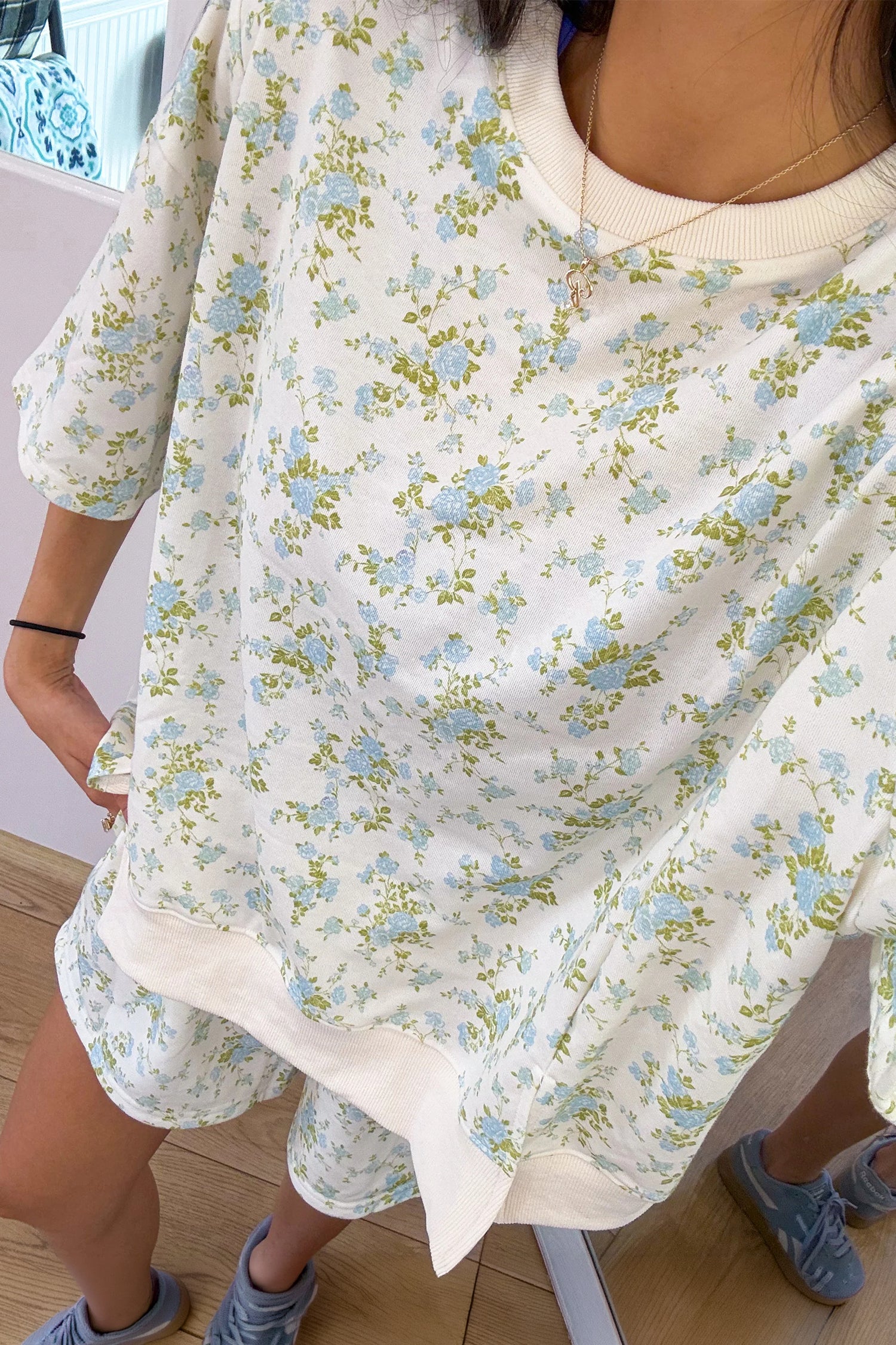 Floral Print Short Sleeve Elastic Waist Pocket Two Piece Set – Sky Blue