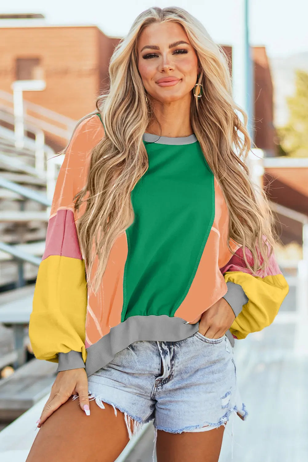 Grapefruit Orange Colourblock Patchwork Exposed Stitching Oversize Top - Sweaters & Cardigans/Sweaters