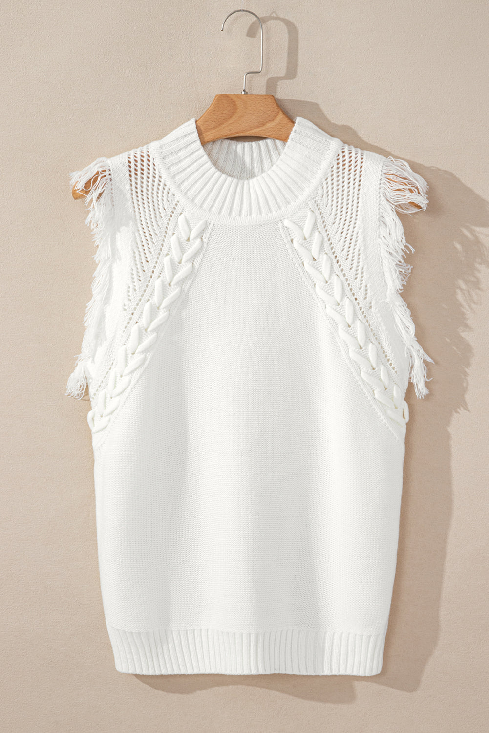 White Woven Tasseled Sleeveless Mock Neck Sweater Vest eAura