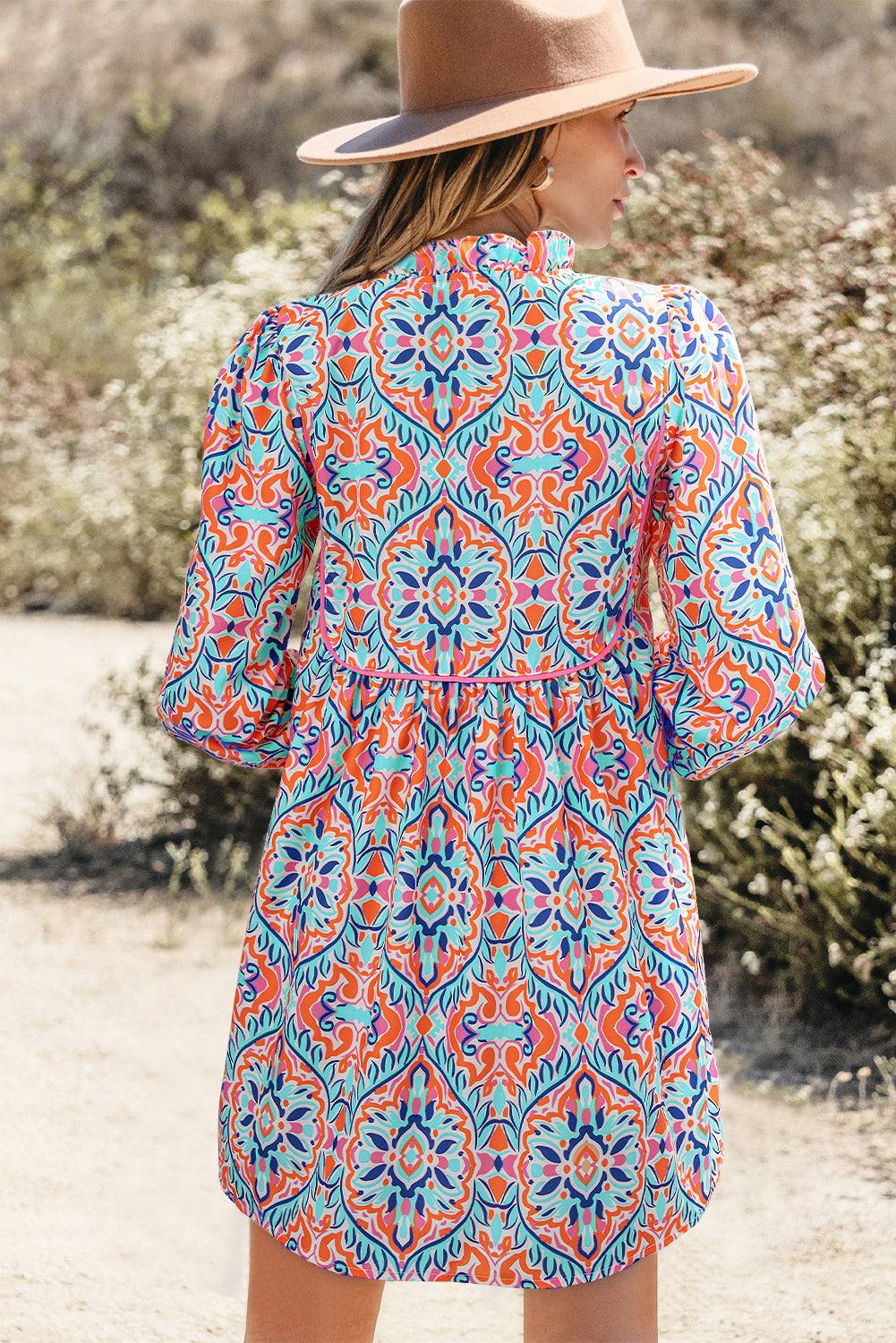 Sky Blue Abstract Printed Long Sleeve Tied Neckline Mini Dress eAura