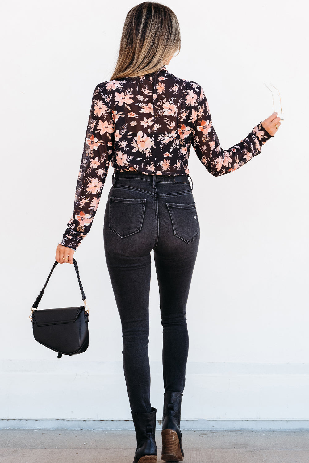 Black Floral Mesh Mock Neck Long Sleeve Slim Fit Top eAura