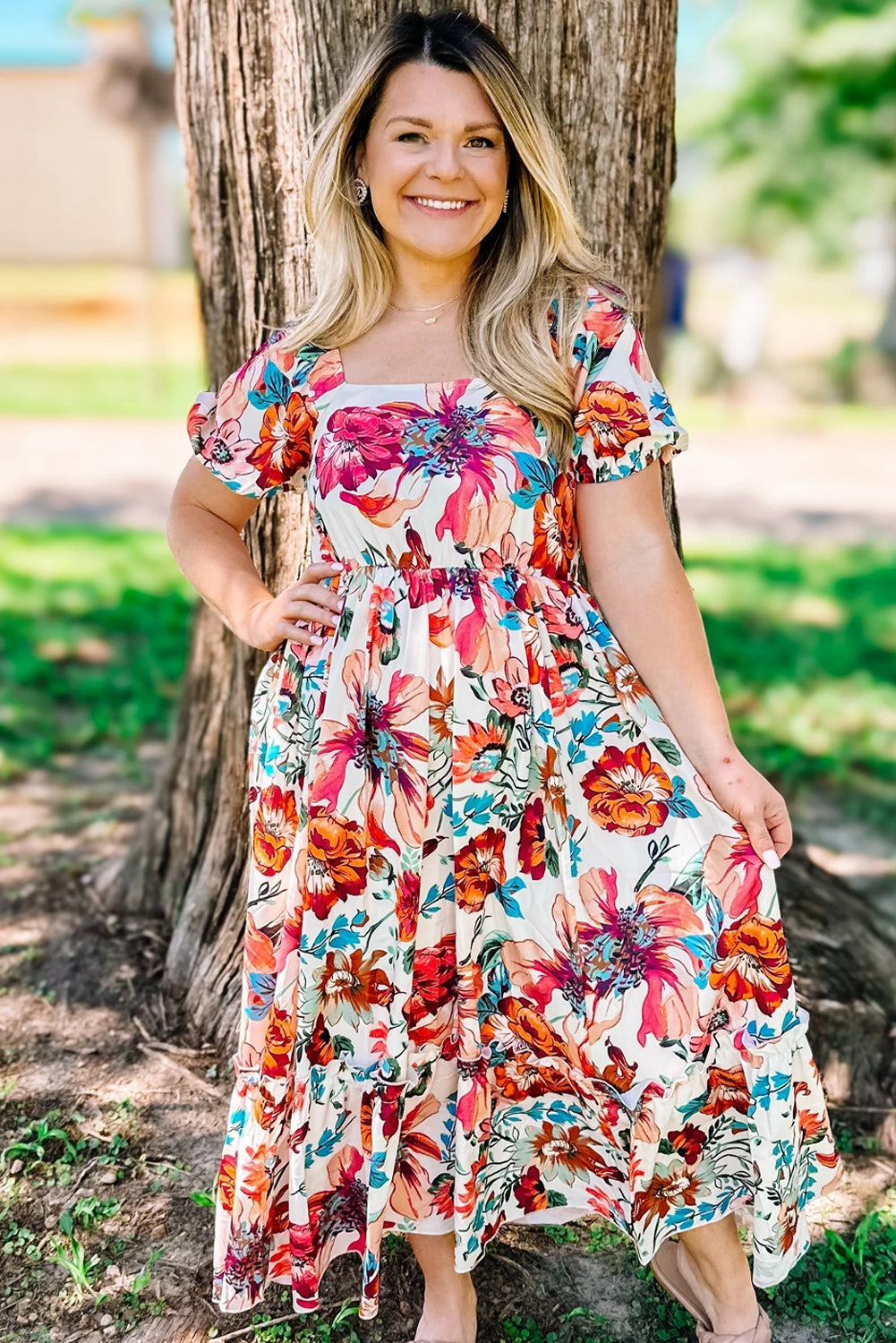 White Floral Square Neck Puff Sleeve Flowy Plus Size Midi Dress BB Fashion Outlet