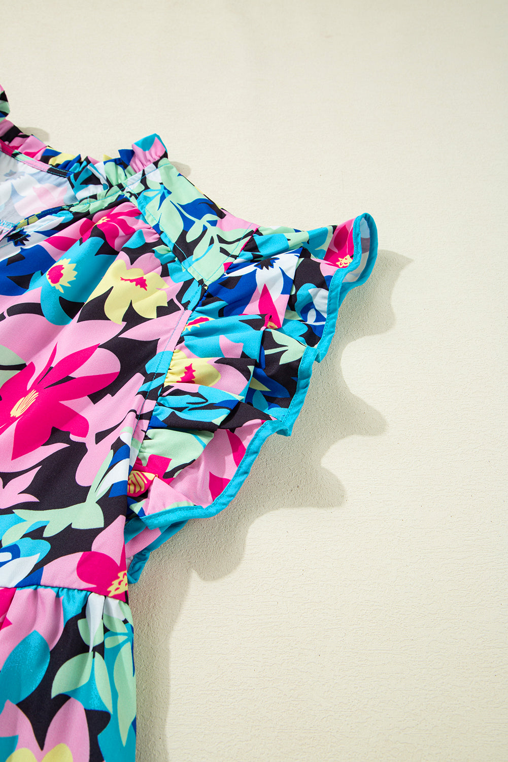 Blue Floral Flutter Sleeve Tied Notched Neck Plus Size Blouse BB Fashion Outlet