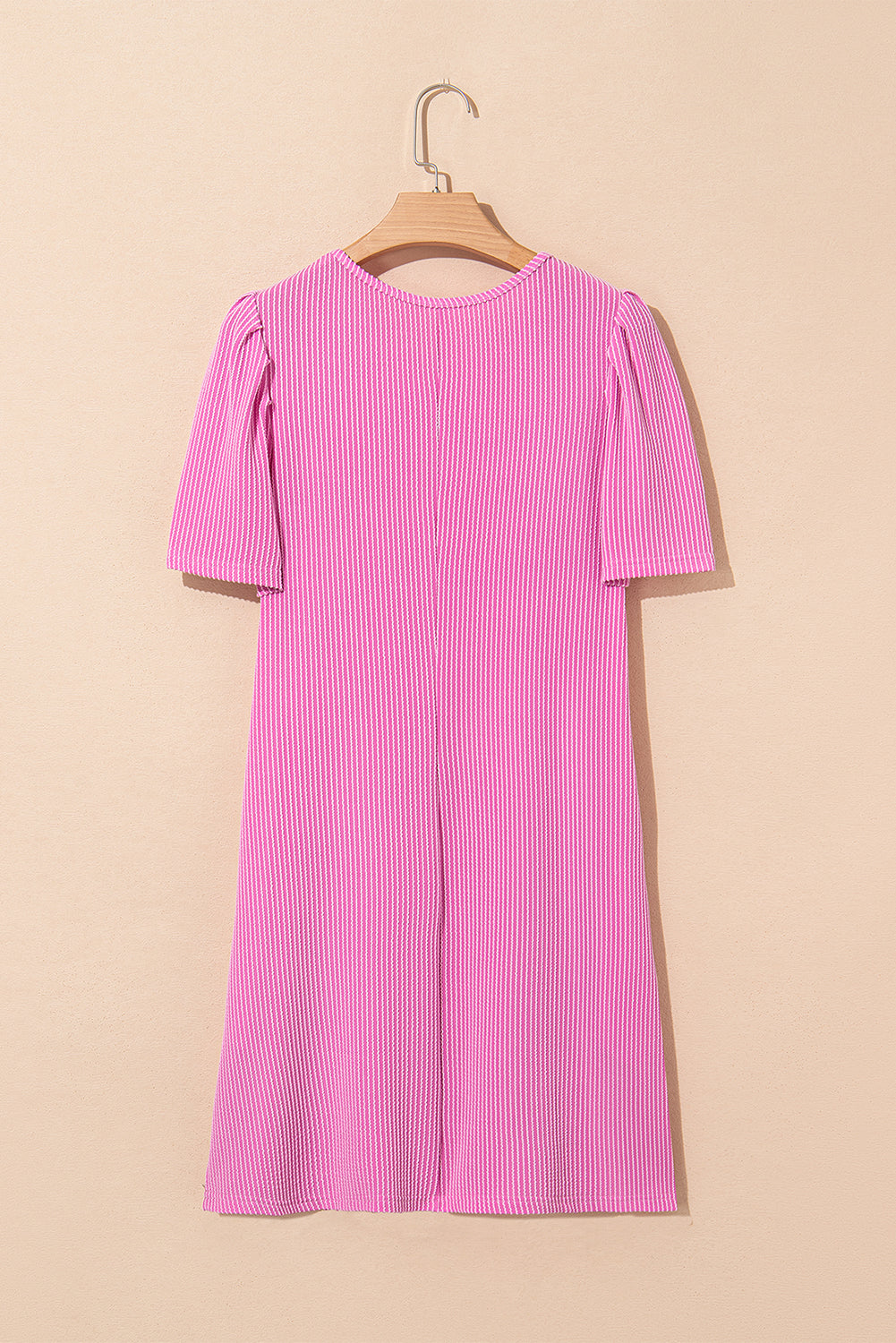 Bright Pink Ribbed Knit Crew Neck Puff Sleeve Shift Mini Dress eAura