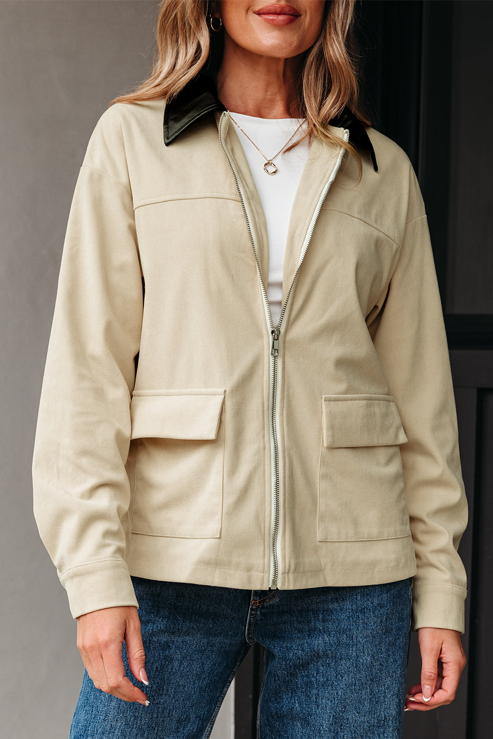 Contrast Faux Leather Collar Textured Zip-Up Jacket - eAura