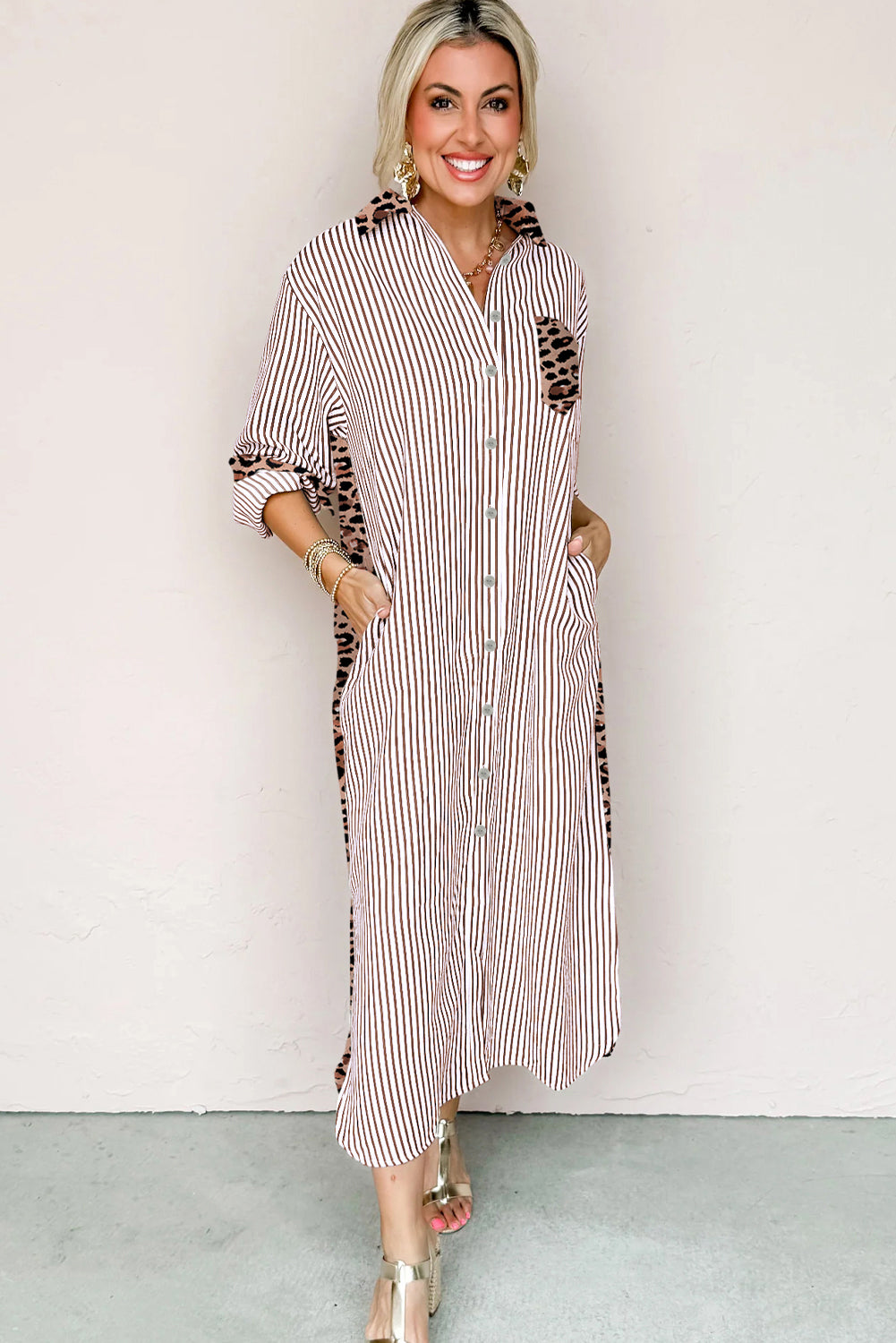 Stripe Contrast Leopard Patchwork Long Shirt Dress with Slits - eAura