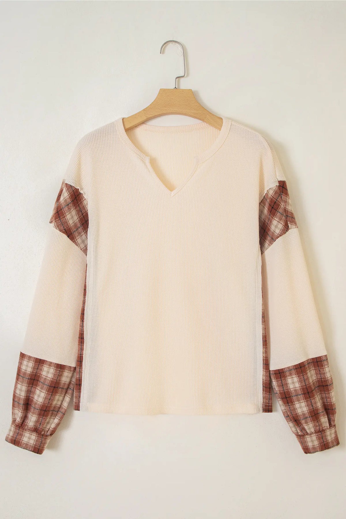 Waffle Textured V Neck Plaid Colourblock Drop Shoulder Long Sleeve Top – Beige