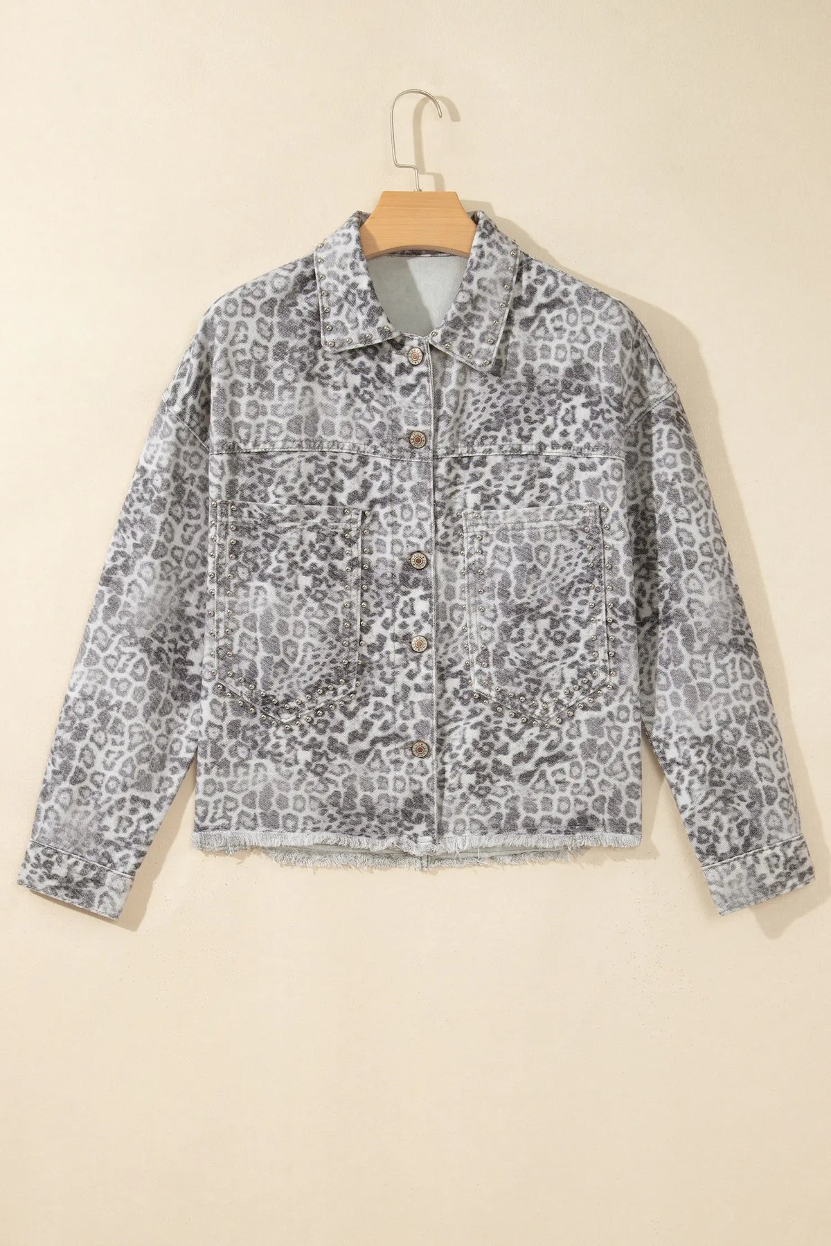 Leopard Print Studded Collar Studded Patch Pocket Denim Jacket – Khaki