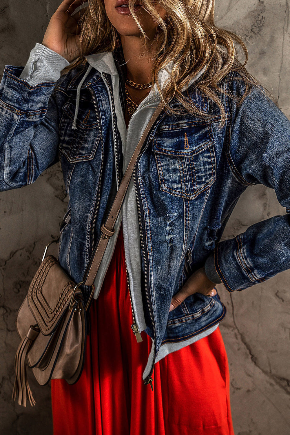 Dark Blue Fake Two-Piece Hooded Zip-Up Denim Jacket Beagle Boutique Fashion Outlet