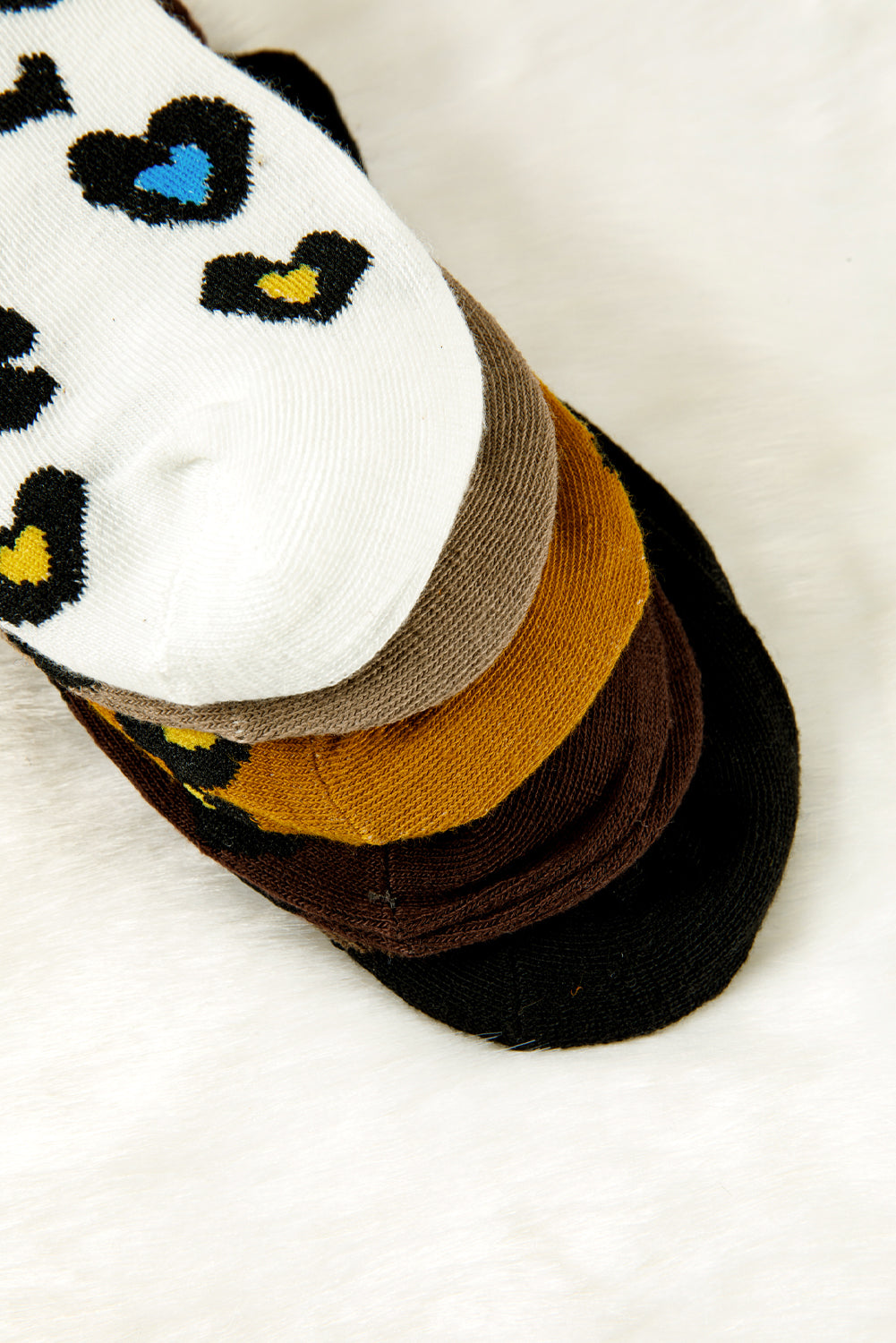 5 Pairs Ribbed Trim Heart Leopard Print Socks