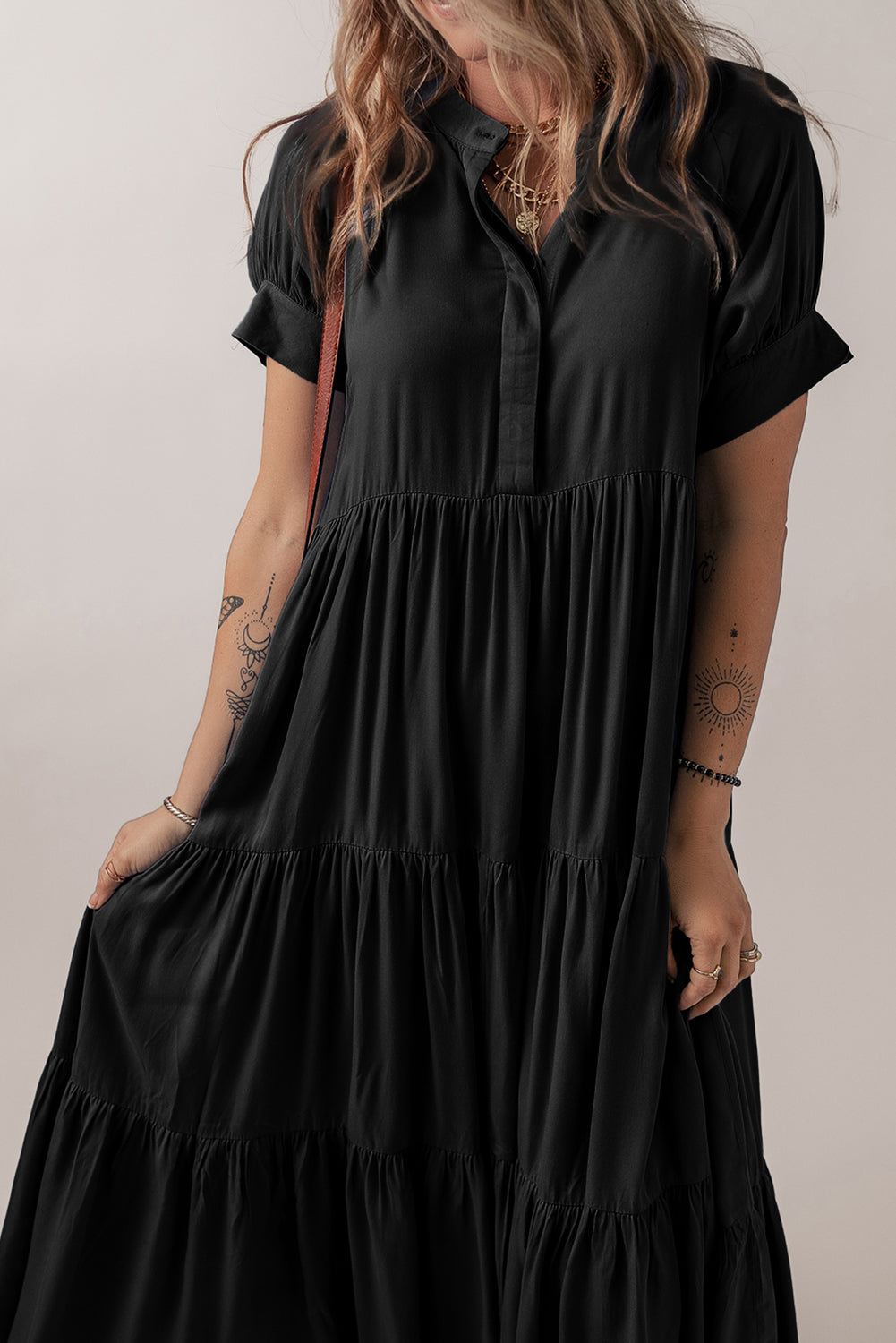 Hidden Button Short Sleeve Ruffle Tiered Flared Maxi Dress
