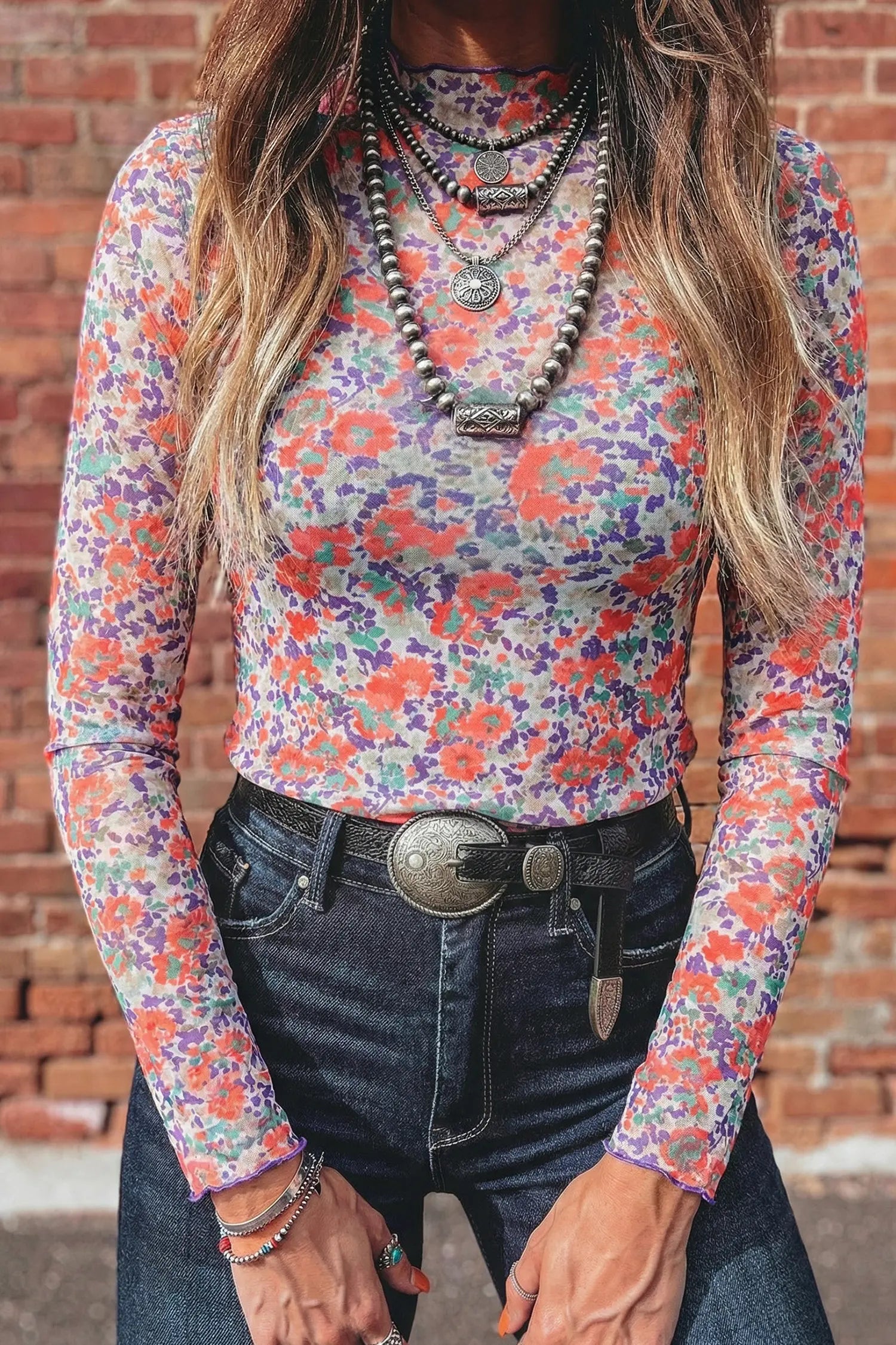 Western Print Slim Fit Mesh Mock Neck Long Sleeve Top