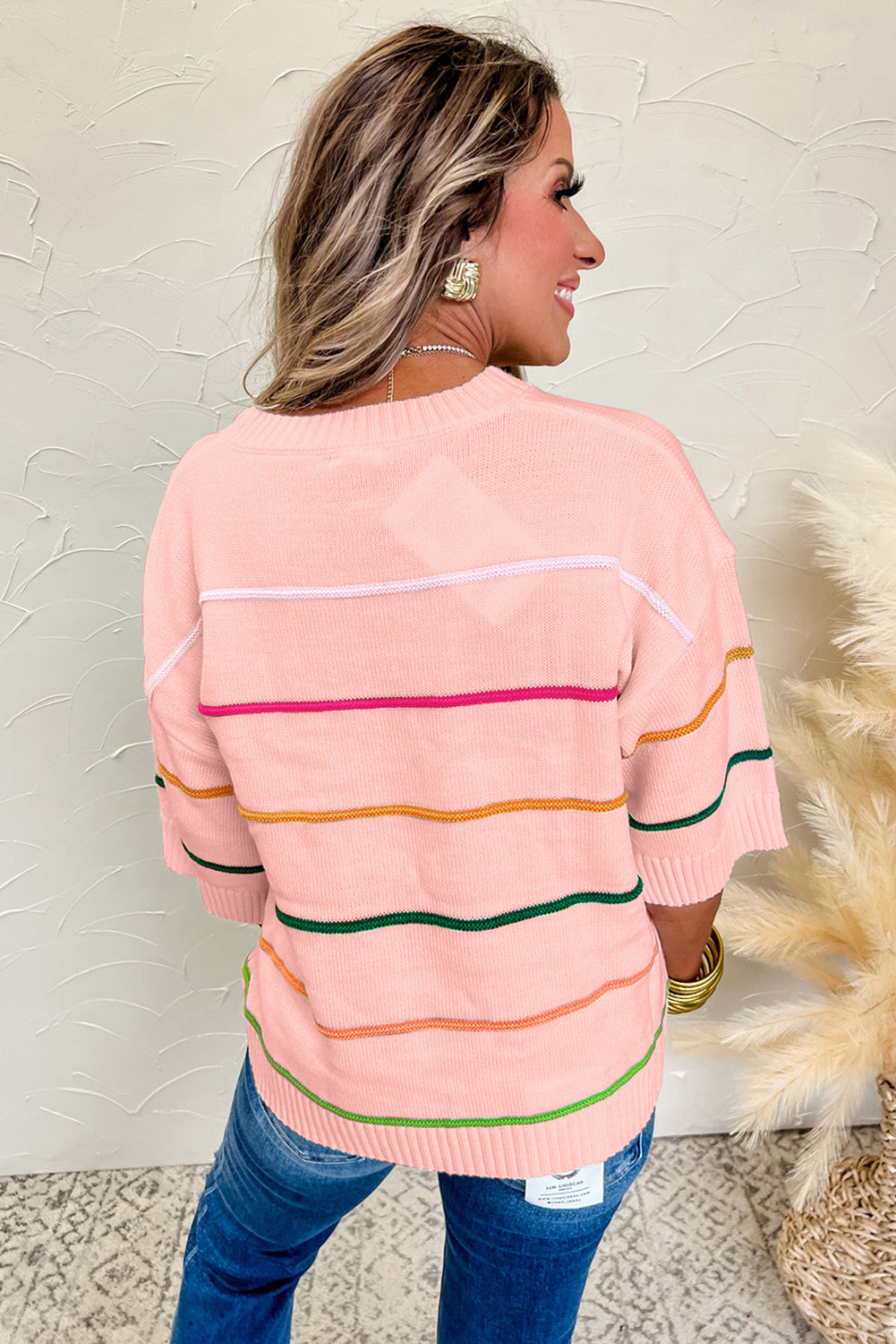 Striped Half Sleeve Drop Shoulder Sweater eAura
