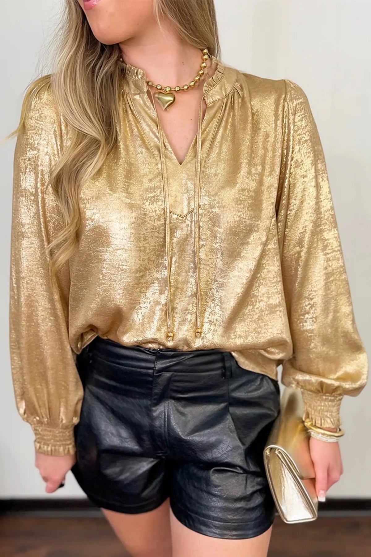 Metallic Sheen V Neck Gathered Cuff Long Sleeve Blouse – Gold