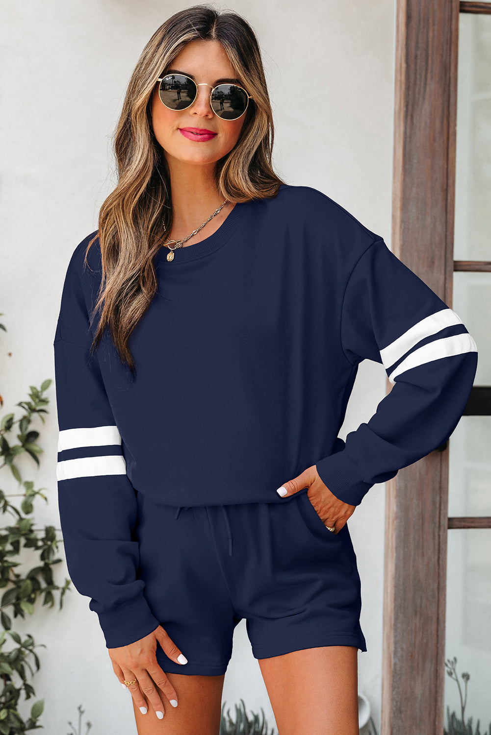 Varsity Striped Sleeve Drop Shoulder Sweatshirt and Shorts Co-ord Set eAura