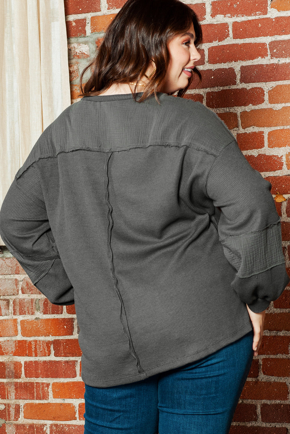 Black Plus Size Exposed Seam Crinkle Patchwork Top BB Fashion Outlet