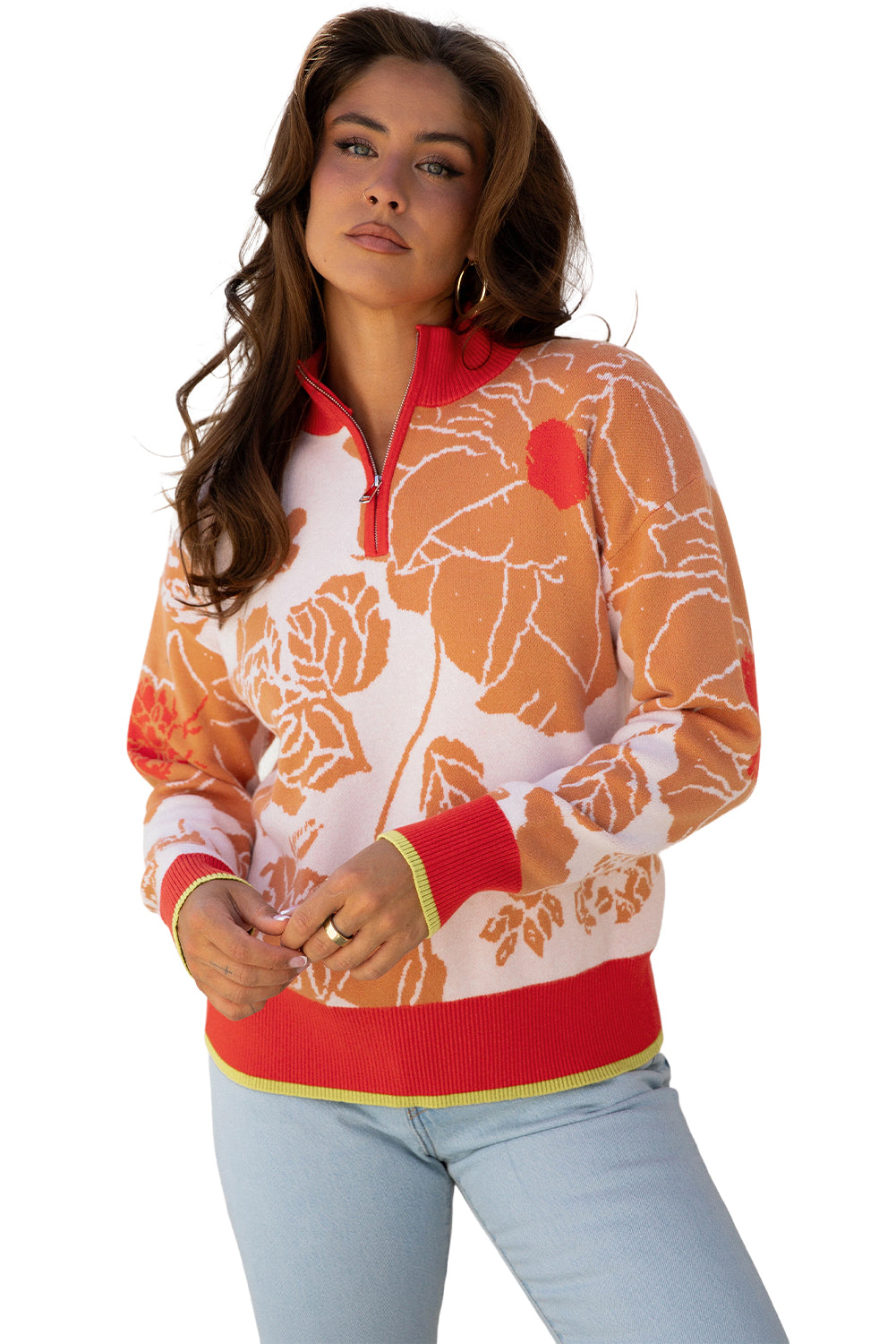 Floral Half Zip Collared Pullover Sweater