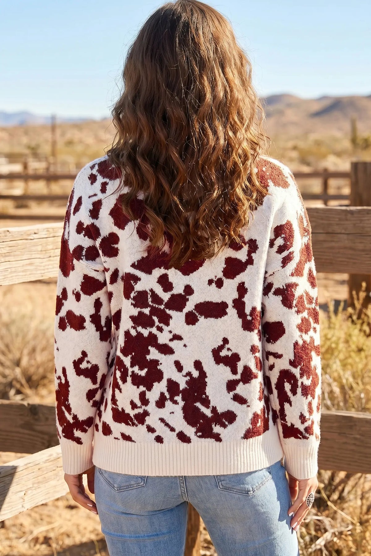 Western Print Cow Pattern Long Sleeve Round Neck Pullover Knitwear Sweater