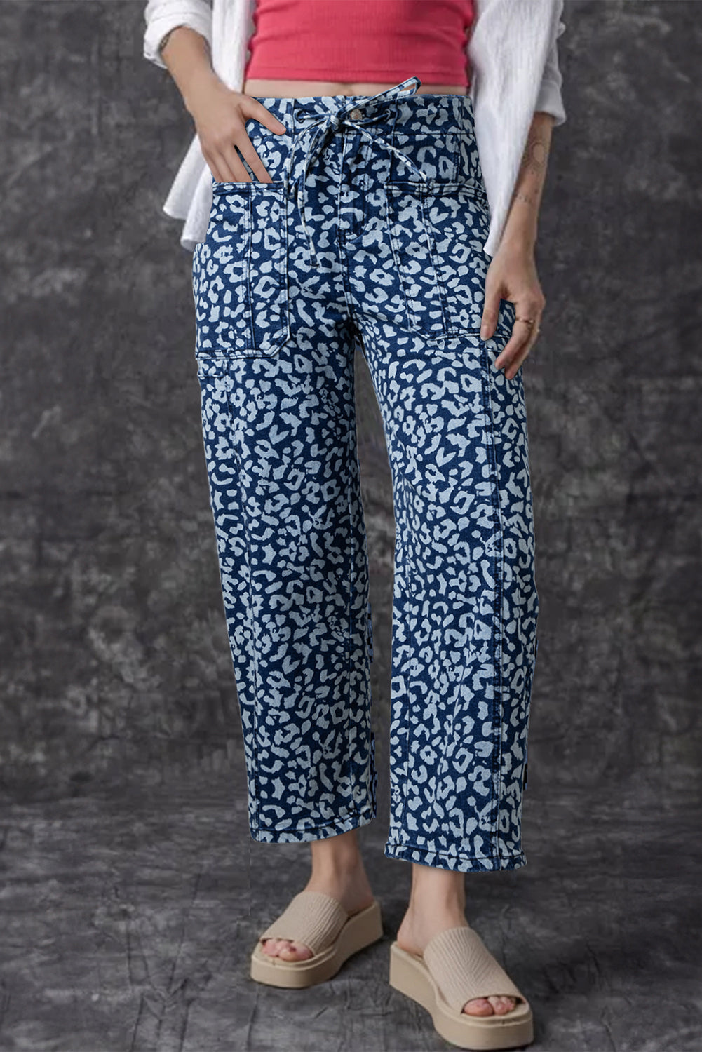 Leopard Printed Drawstring Elastic Waistband Pocketed Wide Leg Jeans - eAura