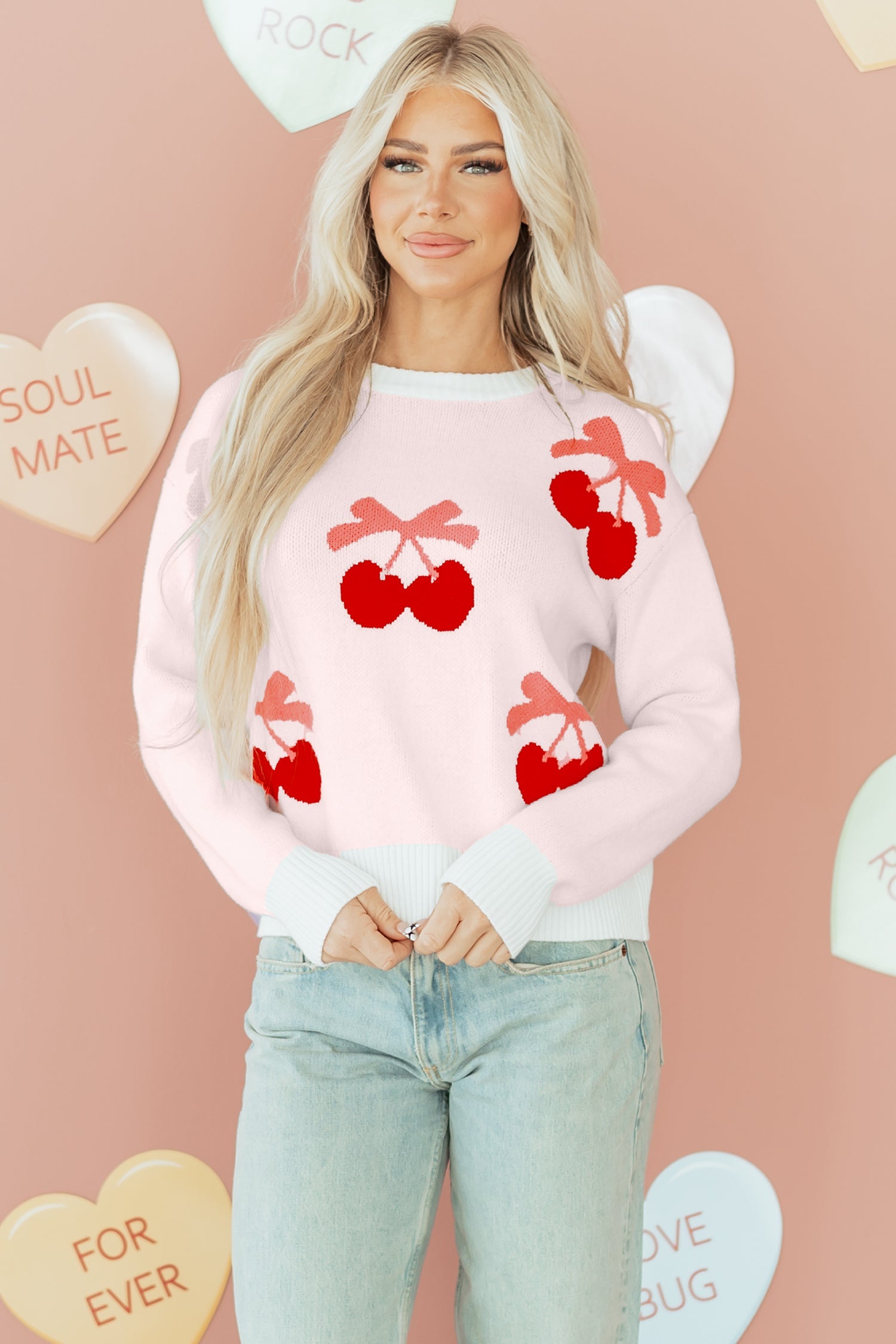 Cherry Pattern Drop Shoulder Sweater - Sweaters & Cardigans/Sweaters