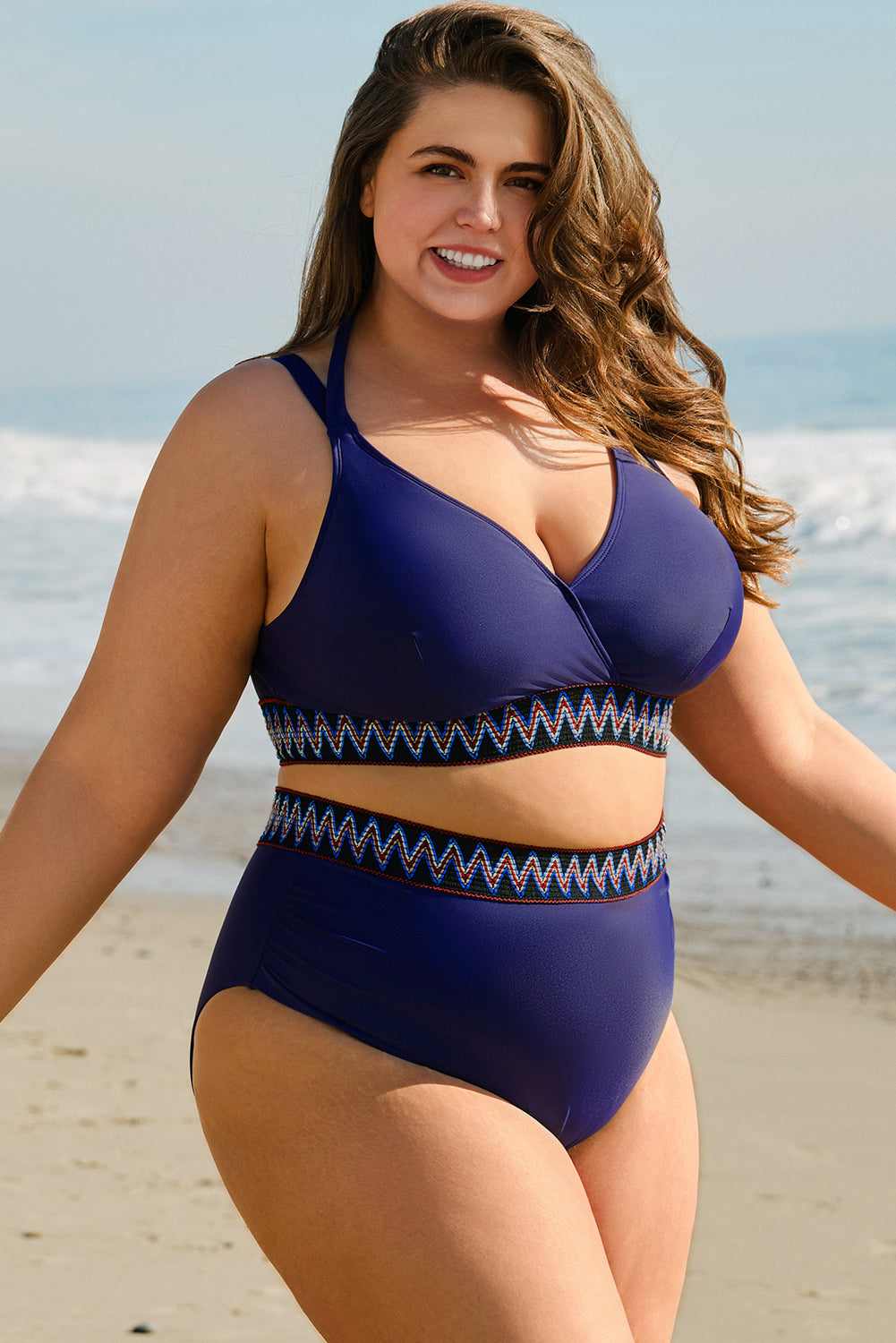 Navy Blue Embroidered Trim Wrap Tie Knot Plus Size High Waisted Bikini BB Fashion Outlet