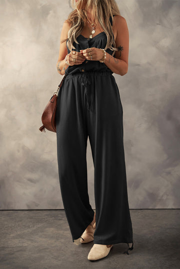 Black Knotted Straps Button Textured Drawstring Jumpsuit eAura