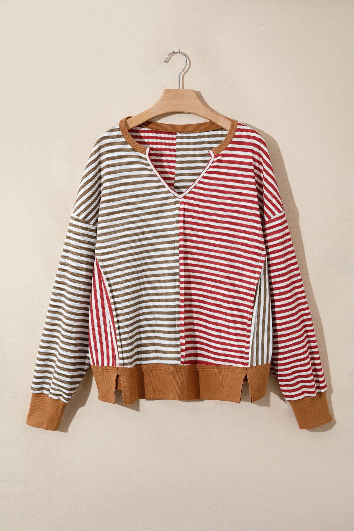 Red Striped Colourblock V Neck Long Sleeve Top – Red Stripe