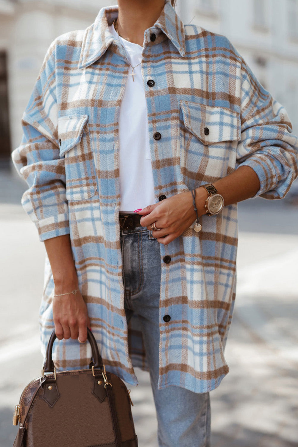 Sky Blue Plaid Flap Pocket Long Sleeve Shacket Beagle Boutique Fashion Outlet