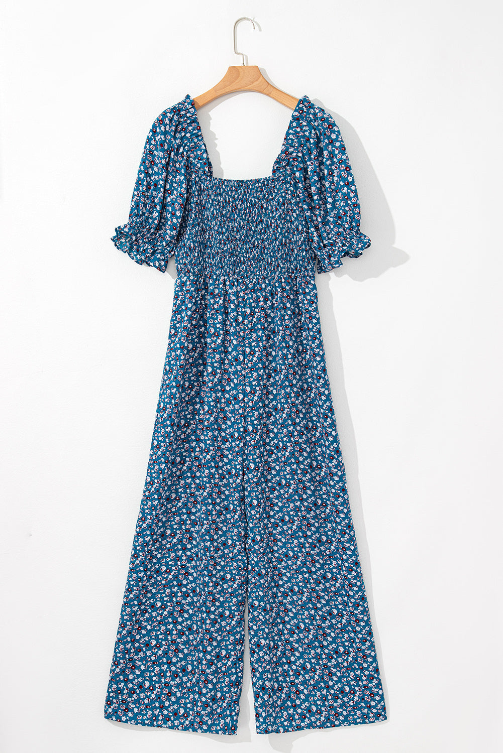 Blue Vintage Boho Floral Smocked Short Puff Sleeve Wide Leg Jumpsuit eAura