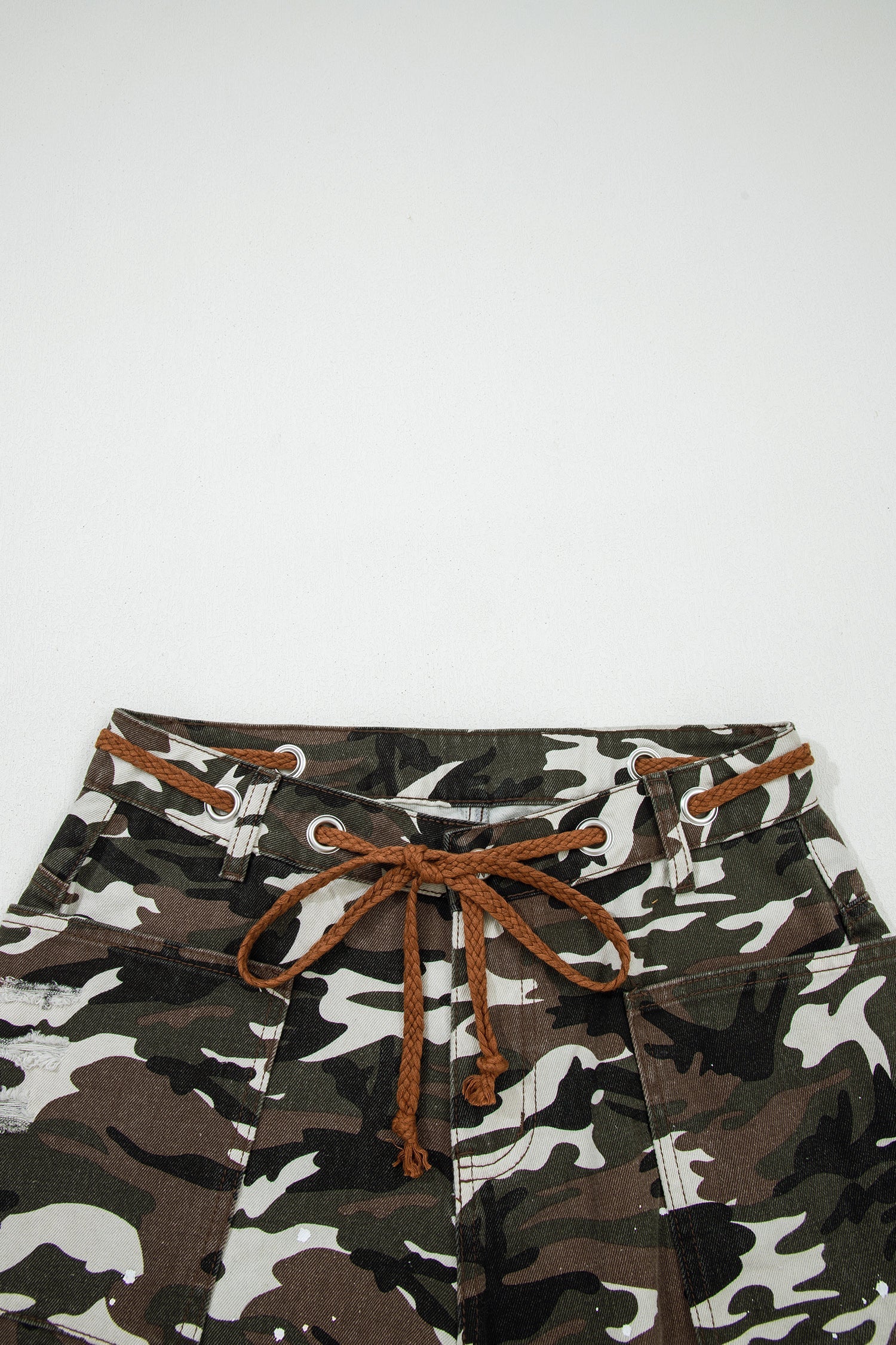 Camouflage Print Splashed Distressed Loose Denim Pants - eAura