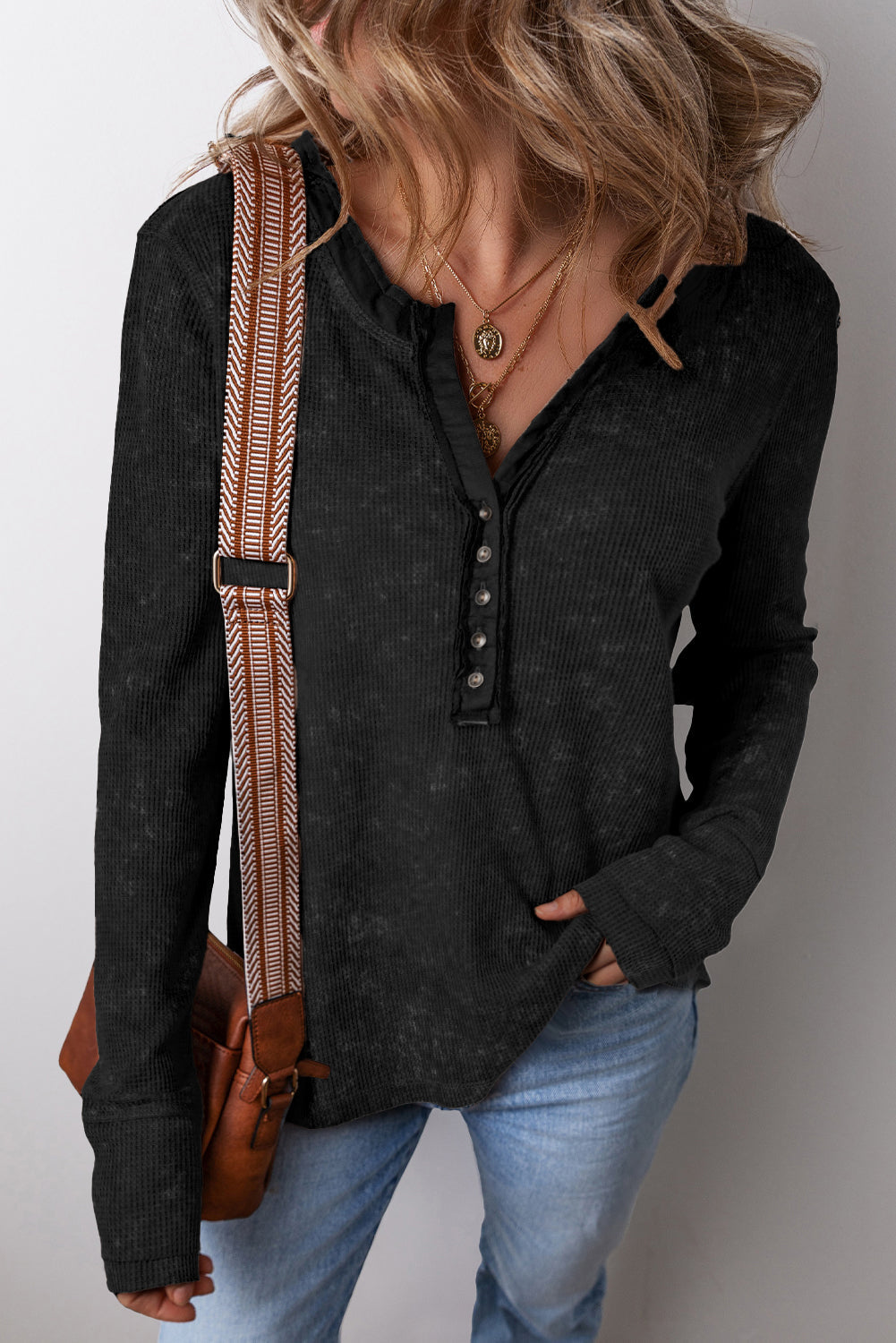 Smoke Green Acid Wash Waffle Knit Buttoned Neckline Long Sleeve Top Beagle Boutique Fashion Outlet