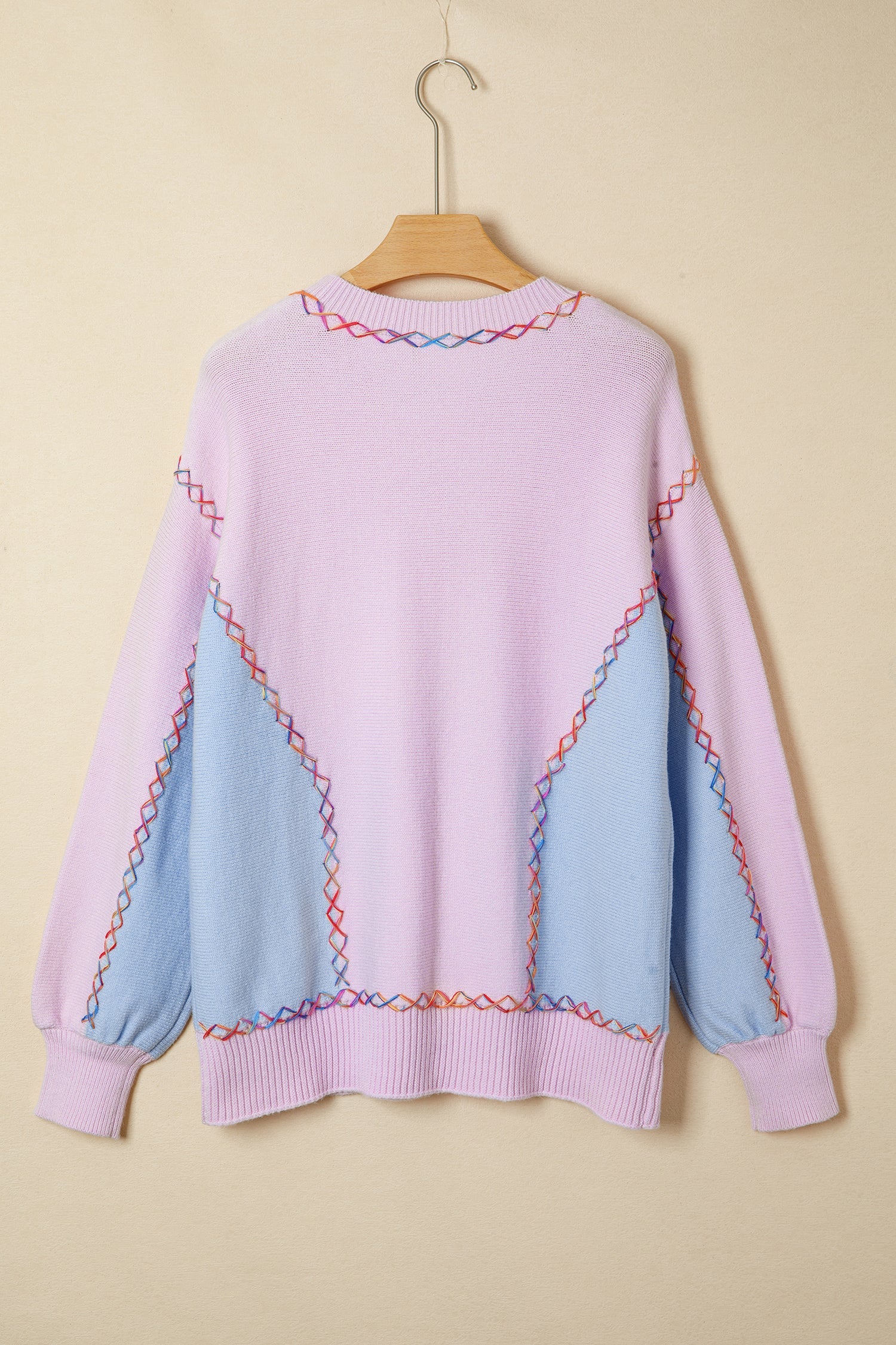 Rainbow Stitching Balloon Sleeve Relaxed Sweater - eAura
