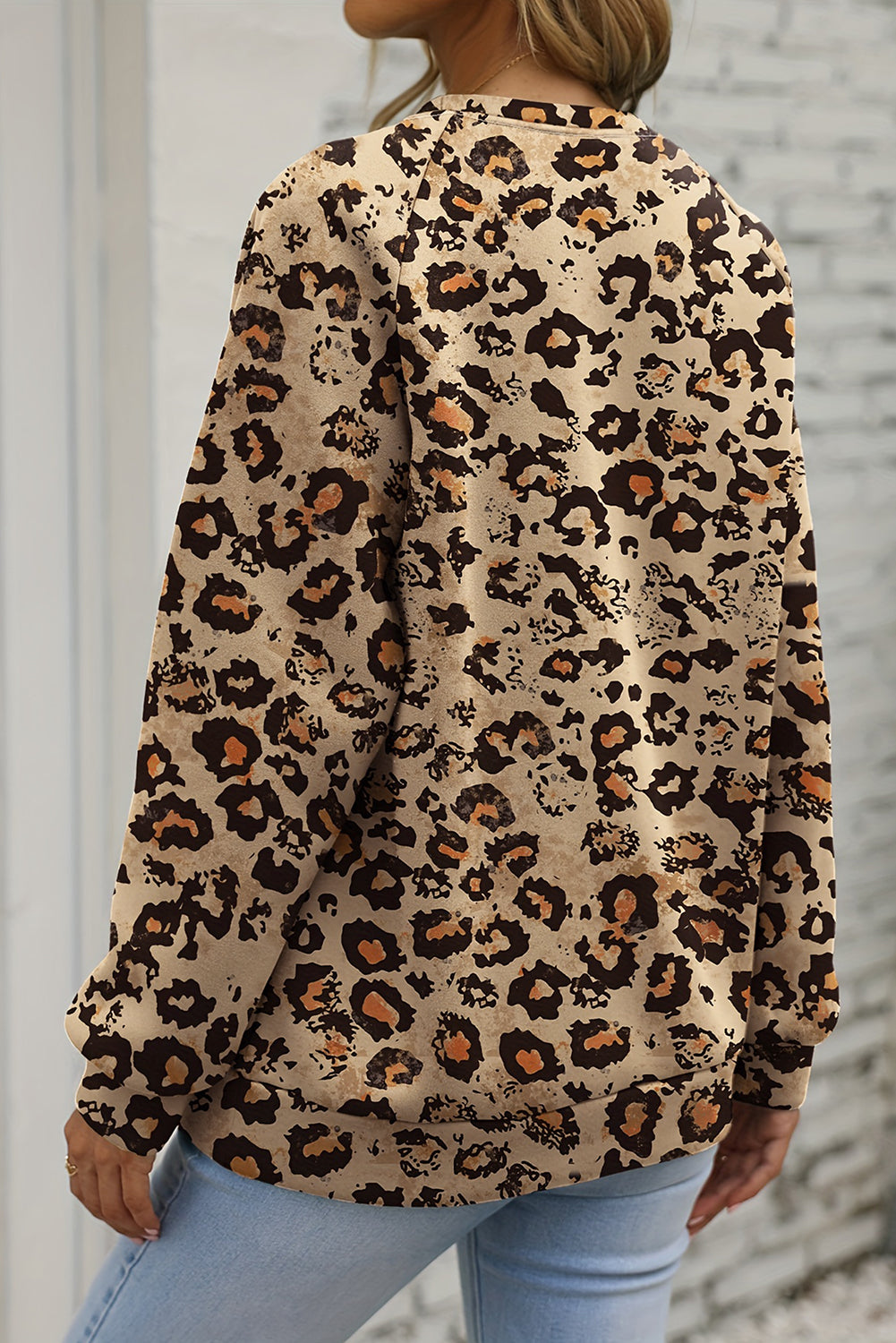 Brown Leopard Bleached Raglan Sleeve Pullover Sweatshirt eAura