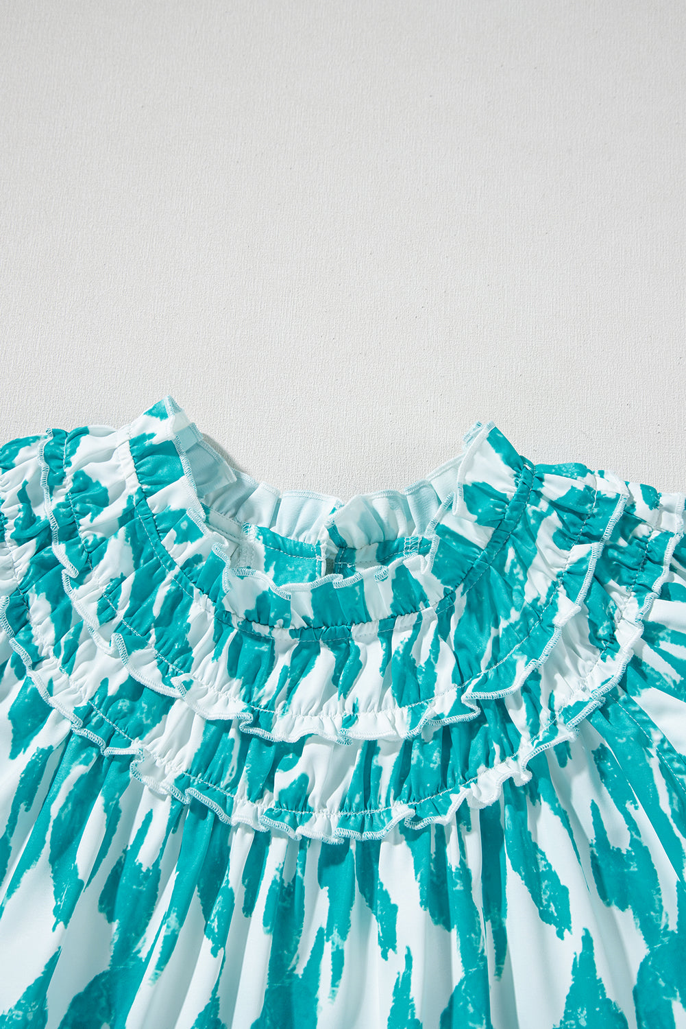 Sky Blue Abstract Print Frilled Crewneck Loose Fit Blouse eAura