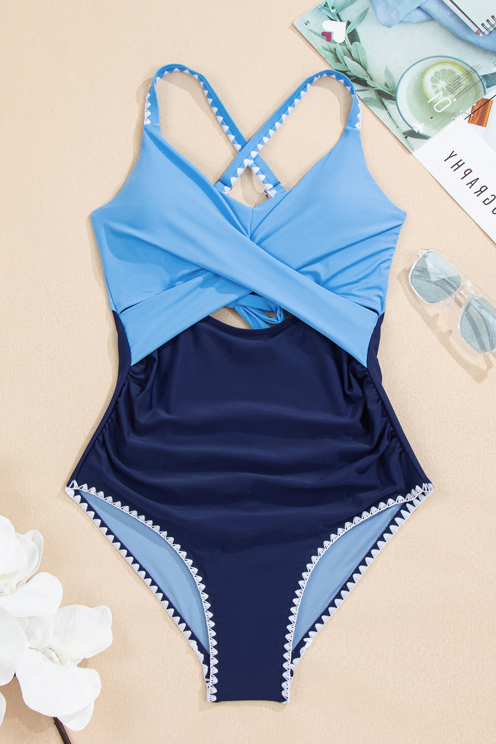 Beau Blue Ric Rac Trim Contrasted Patchwork Cutout One Piece Swimsuit - eAura